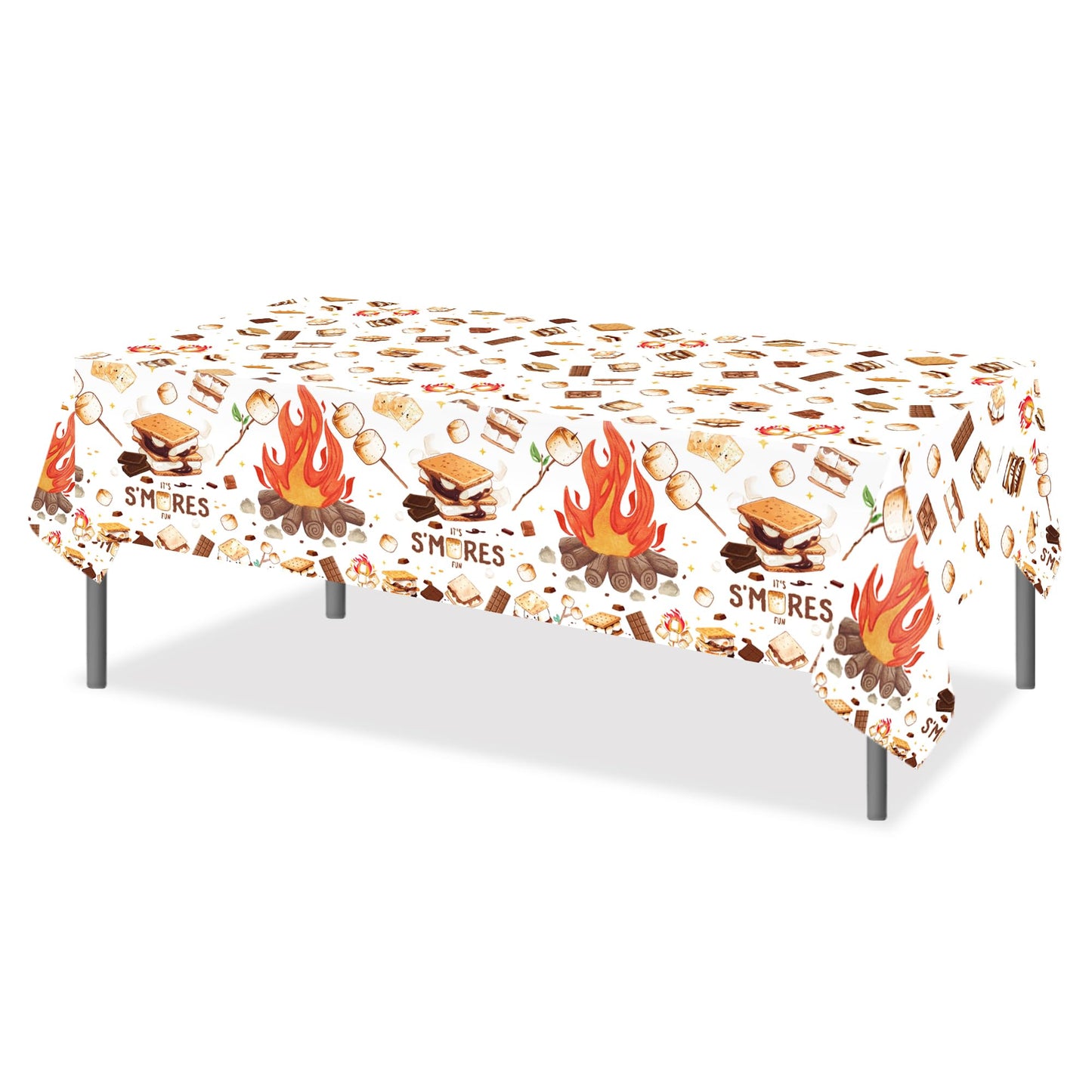 CC HOME 1Pc Camping Party Plastic Tablecloth 54 x 87 Inch Long Table Cover, Marshmallow Sandwich Party Tablecover for Bonfire Camp Theme Kids Baby Shower Birthday Dinner Picnic Kitchen Event