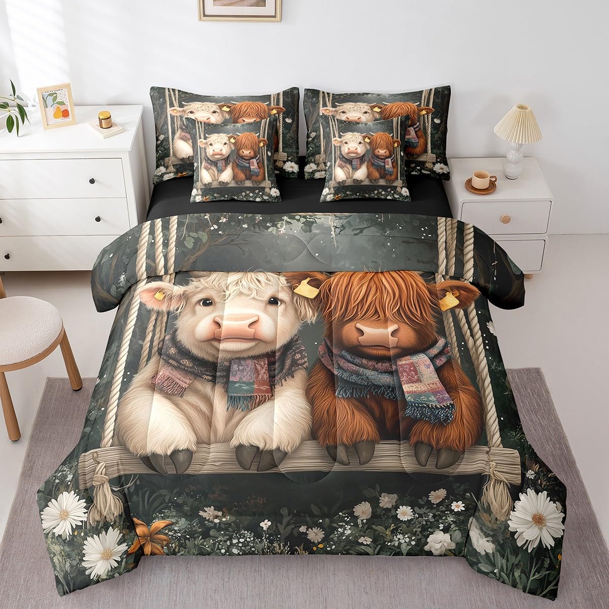 Erosebridal Comforters King Size Set with Sheets for Kids Highland Cow Bedding,7 Pieces Bed in a Bag King Western Cow Bedding Sets with Comforter, Sheets, Pillowcases and Cushion Cases