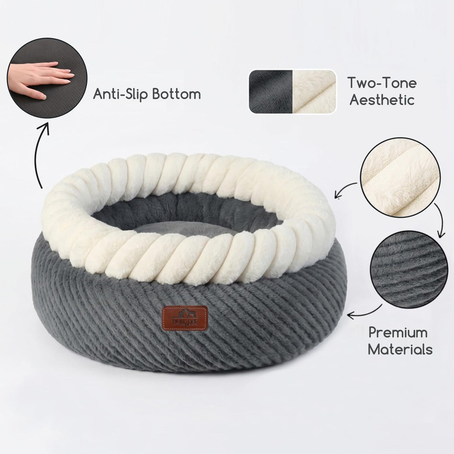 Hollypet Cat Bed for Indoor Cats Kitty Beds, Round Washable Fluffy Small Dog Bed, Soft Cozy Plush Pet Beds for Puppy and Kitten with Non-Slip Bottom (20" D * 8" Th, Gray)