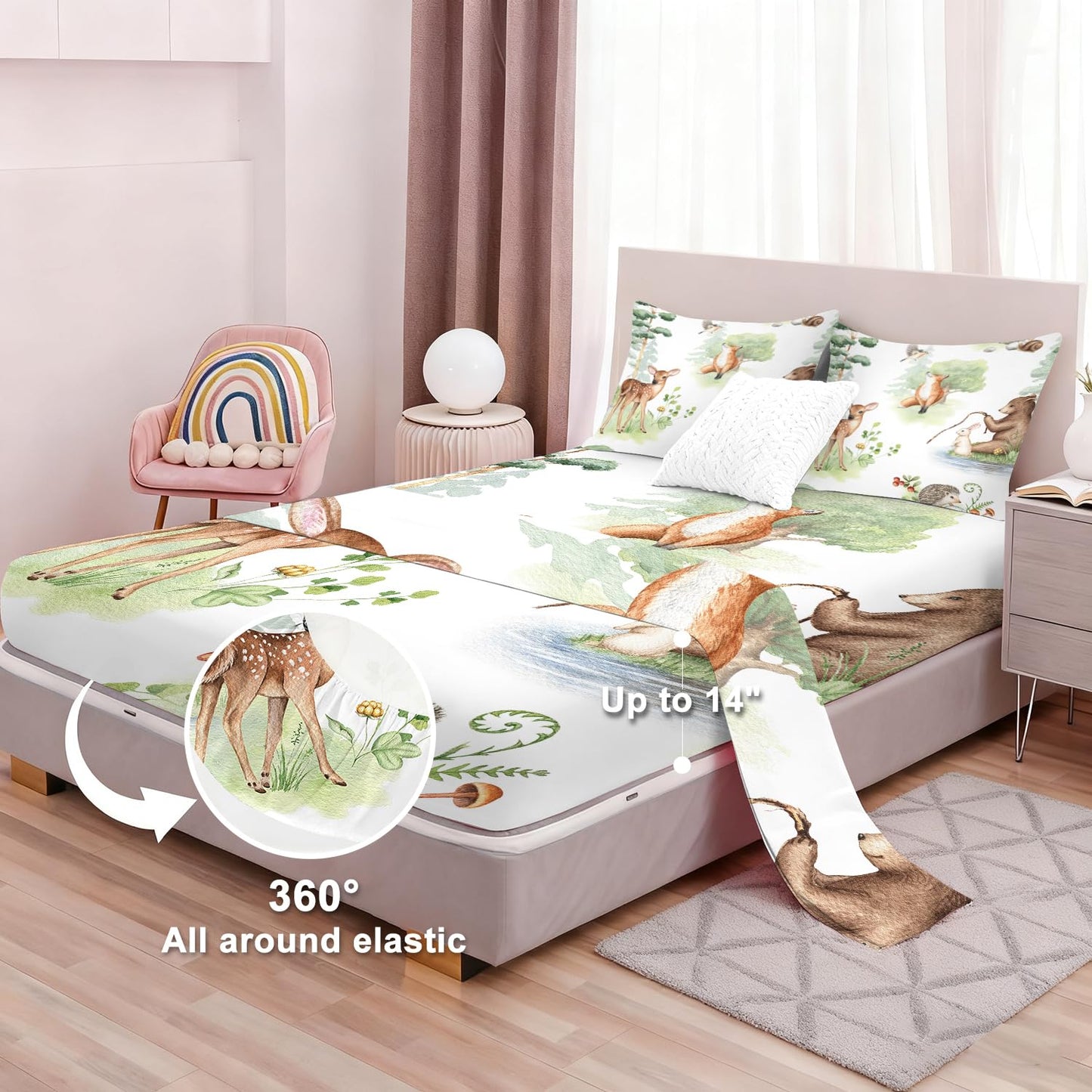 VTKON Wildlife Fitted Sheet Set Twin Size for Kids Light Green Sheet Set for Boys Girls Bedroom Animal Sheet Soft Microfiber 3-Piece Sheet Set 1 Fitted Sheet+1 Flat Sheet+1 Pillowcase Bedding Set
