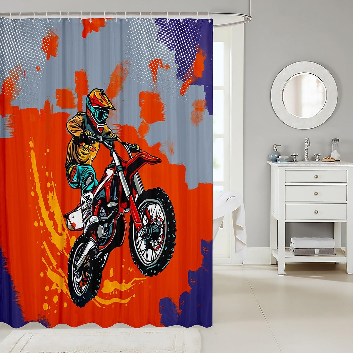 Feelyou Dirt Bike Shower Curtain Motocross Racer Fabric Shower Curtain for Kids Boys Girls Motorcycle Racer Print Bathroom Waterproof Accessories with 12 Hooks Sports Motocross Curtains,72X72 Inches
