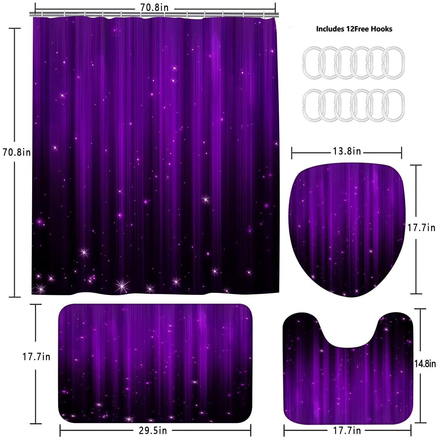 Yddsky 4 Pcs Purple and Black Shower Curtain Sets Non-Slip Rugs Bath Mat Toilet Cover, U-Shaped Mat, Gradient Shower Curtain with 12 Hooks, Black and Purple Bathroom Set
