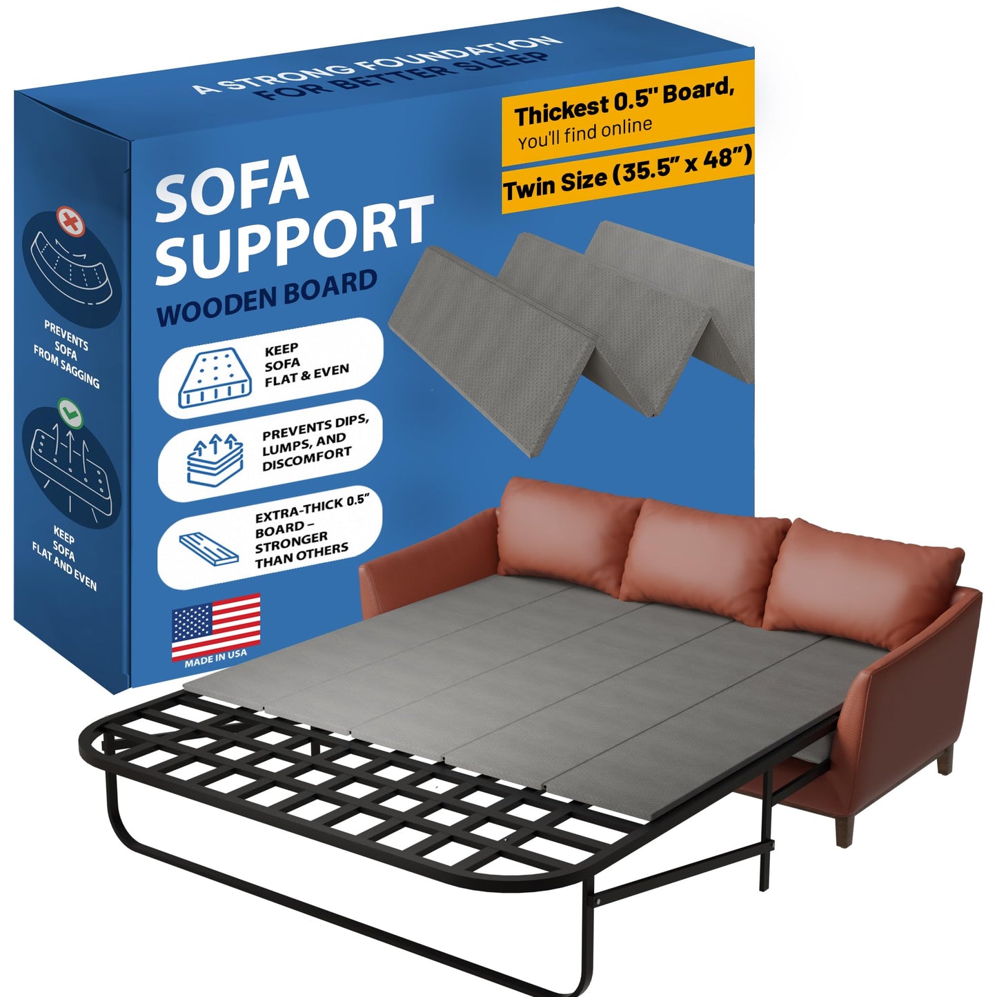 Greaton, Heavy Duty Sleeper Sofa Bed Support Board, 48" x 35.5" Wood Base to Fix Sagging Mattresses, Reinforced Under Cushion Panel, Pull Out Couch Mattress Boards, Easy Installation