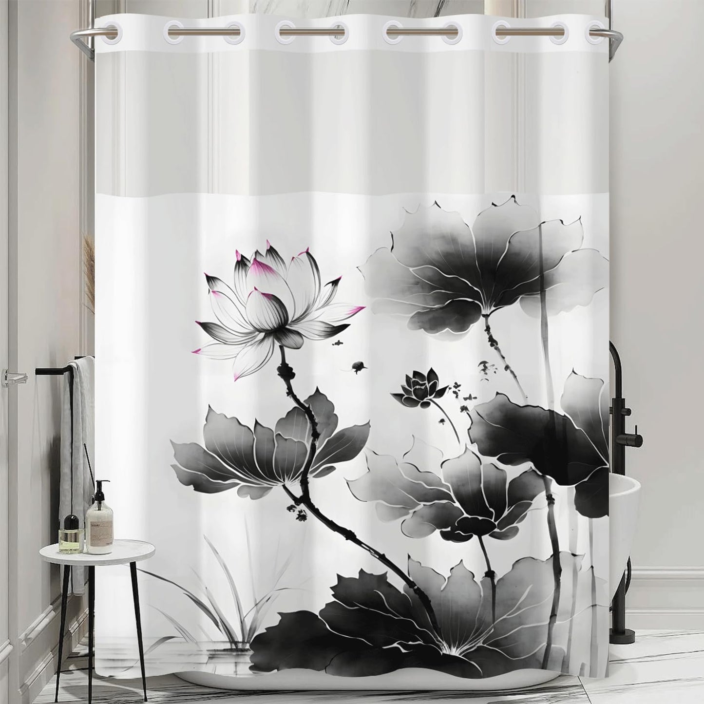 NAEMBCU No Hook Shower Curtain and Liner Set, Black and White Lotus Floral Shower Curtains for Zen Minimalist Spa Bathroom, Waterproof Bath Tub Curtain with Sheer Top Window, 71x74 Inch