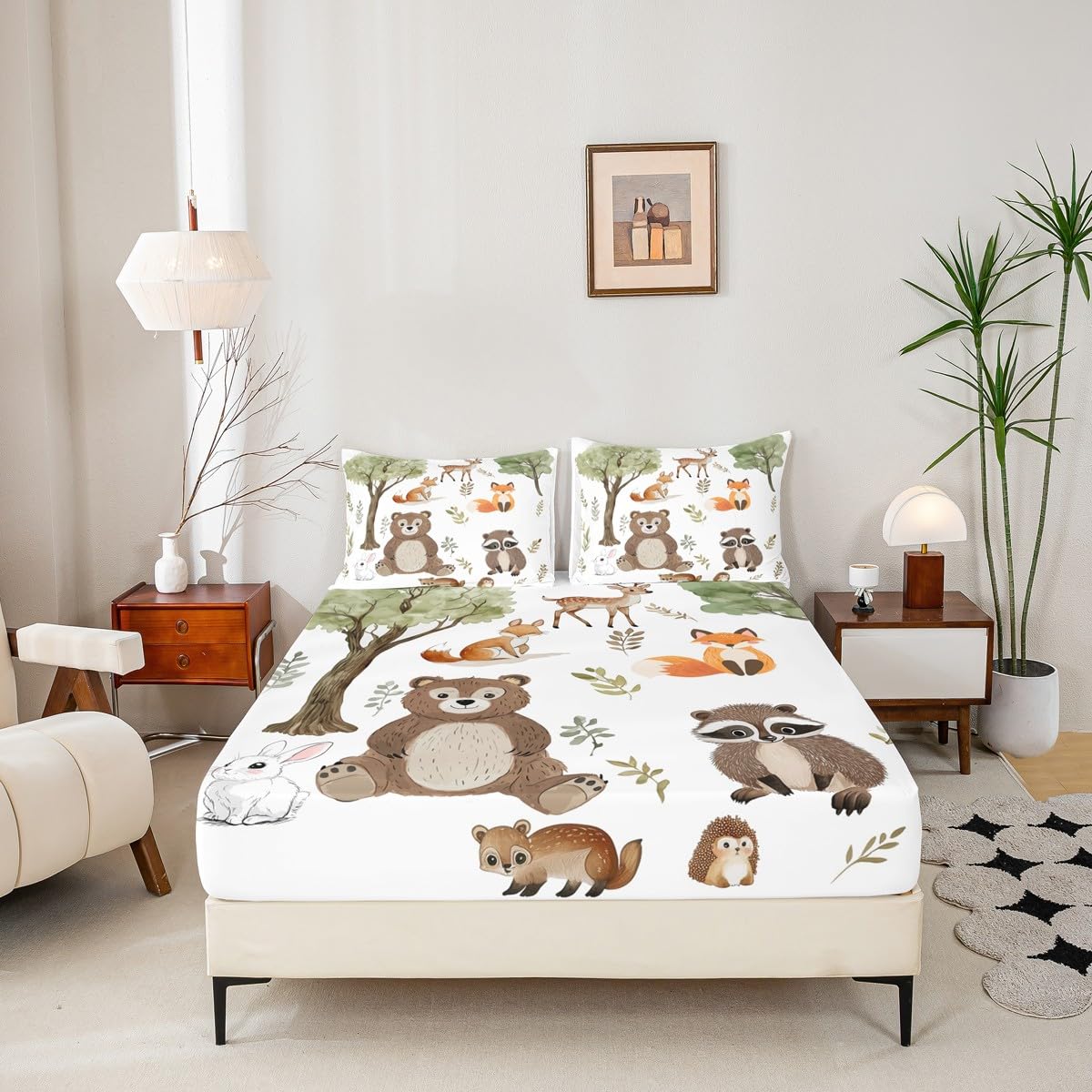 jejeloiu Woodland Animals Bedding Sheets Queen Size Bear Fox Bed Sheet Set for Kids Boys Girls Neutral Theme Fitted Sheet Forest Animal Bed Cover 3Pcs,1 Fitted Sheet+2 Pillow Sham（No Flat Sheet）