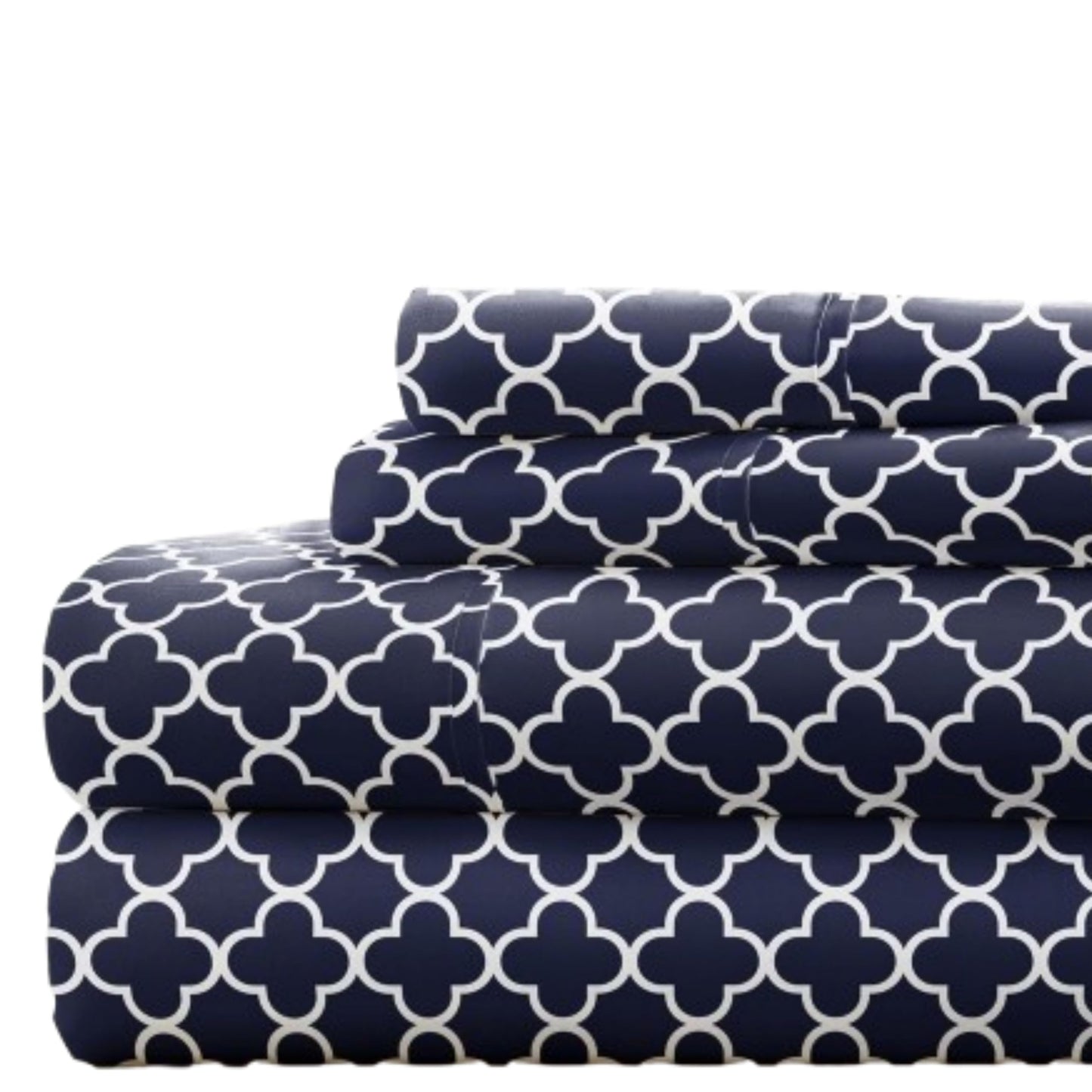 Linen Market Double-Brushed Patterned Microfiber Full Sheet Set 4 Piece – Oeko-TEX Certified Ultra Soft & Wrinkle-Free - 16" Deep Pocket Sheets - Easy Care Full Size - Quatrefoil Navy
