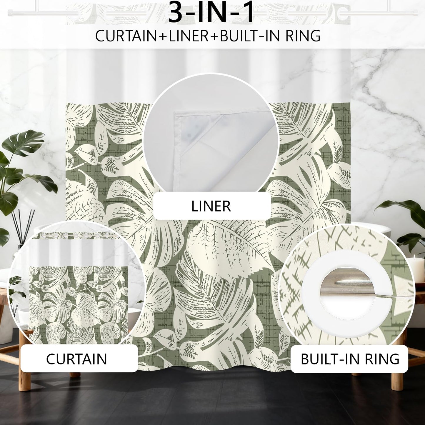 NAEMBCU No Hook Tropical Shower Curtain with Snap in Liner 71x74 Inch