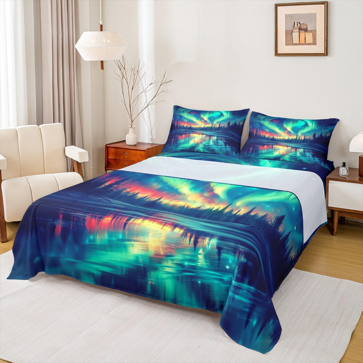 Natural Aurora Bed Sheets Set Dreamy Galaxy Arctic Aurora Flat Fitted Sheet Full Gradient Starry Sky Bed Set For Kids Adult Women Green Blue Tranquil Night Sky Bedding Sets With 2 Pillow Cases