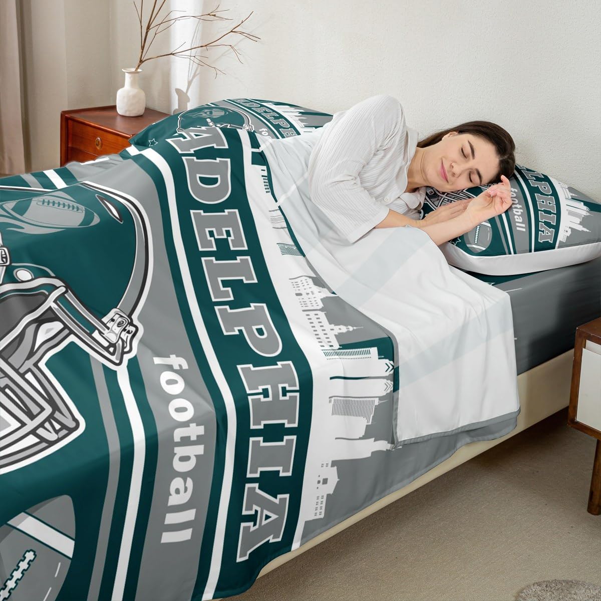 Feelyou Football Bed Sheets Set Twin Size Boys Women Men Rugby Sports Bedding Set Football City Fitted Sheet with 16 Inch Deep Pockets