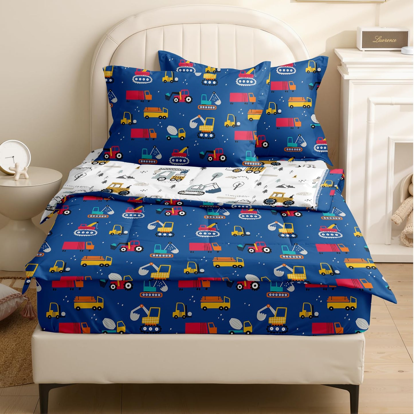 Yadangxiawa Kids Comforter Set,Zipper Bedding Twin for Boys,Construction Printed Comforter Set with Truck Fitted Sheets and Pillowcases for All Season(Construction Twin)