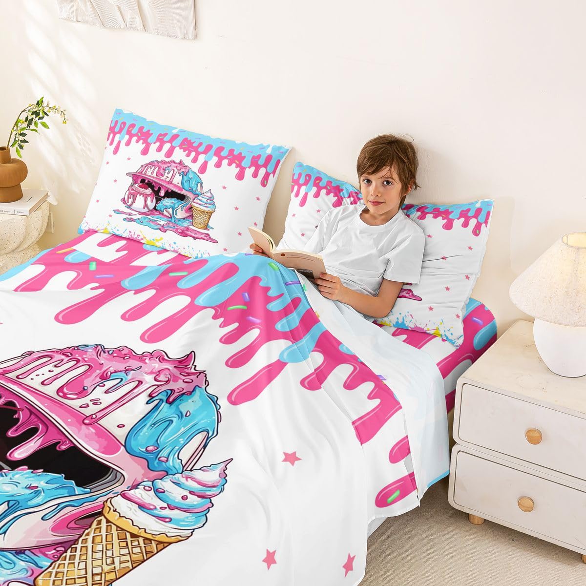 Homewish Ice Cream Drip Baseball Kids Sheet Full Size,Baseball Cap Hat Star Cherry Dessert Bedding Set, Ball Sport Games Competition Kids Room Decor,Blue Pink Sheet(Fitted+Flat+2 Pillowcases)