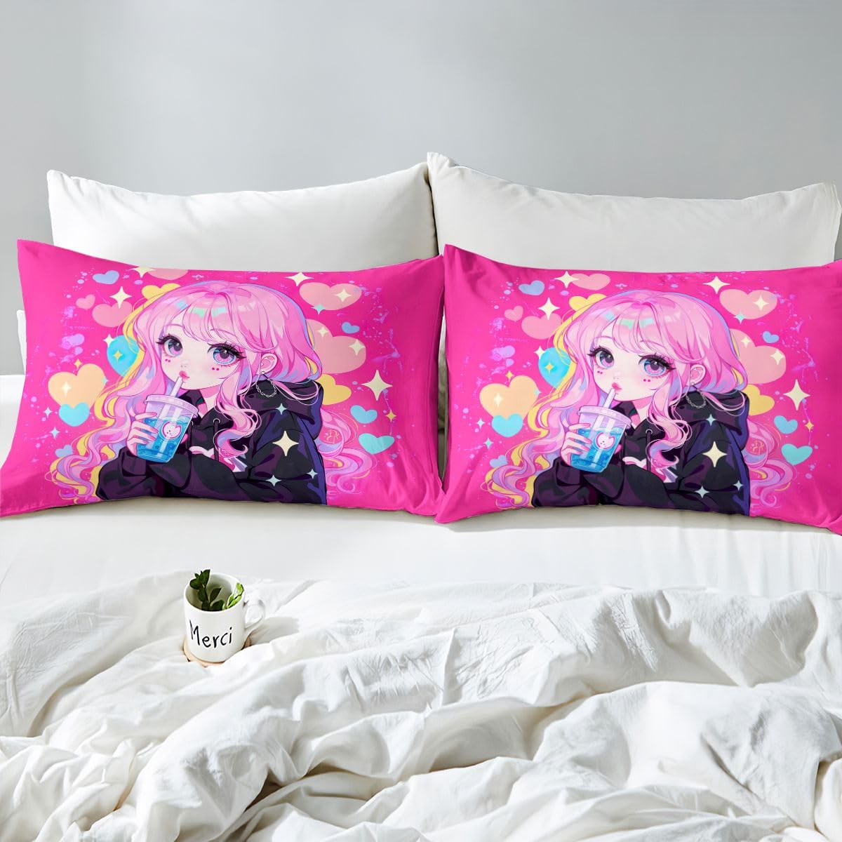Erosebridal Preppy Girls Sheets for Boys Girls Kawaii Japanese Girl Drinking Water Fitted Sheet,Coquette Girl with Colorful Curly Hair Kids Bedding Sets Pink Anime Gifts Bed Sets Queen 3 Piece