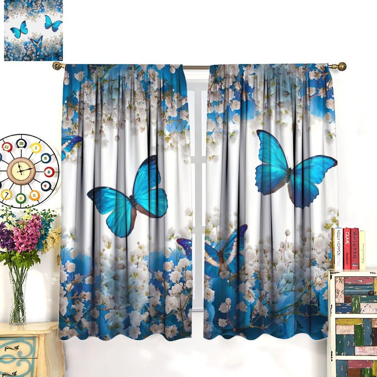 PHTAYOT Butterfly Curtains, Blue Floral Spring Rustic Farmhouse Butterfly Print for Kids Girl Boy Room Window Decor, Rod Pocket Drapes for Living Room Bedroom Kitchen 2 Panel Set 20.5" W X 45" L