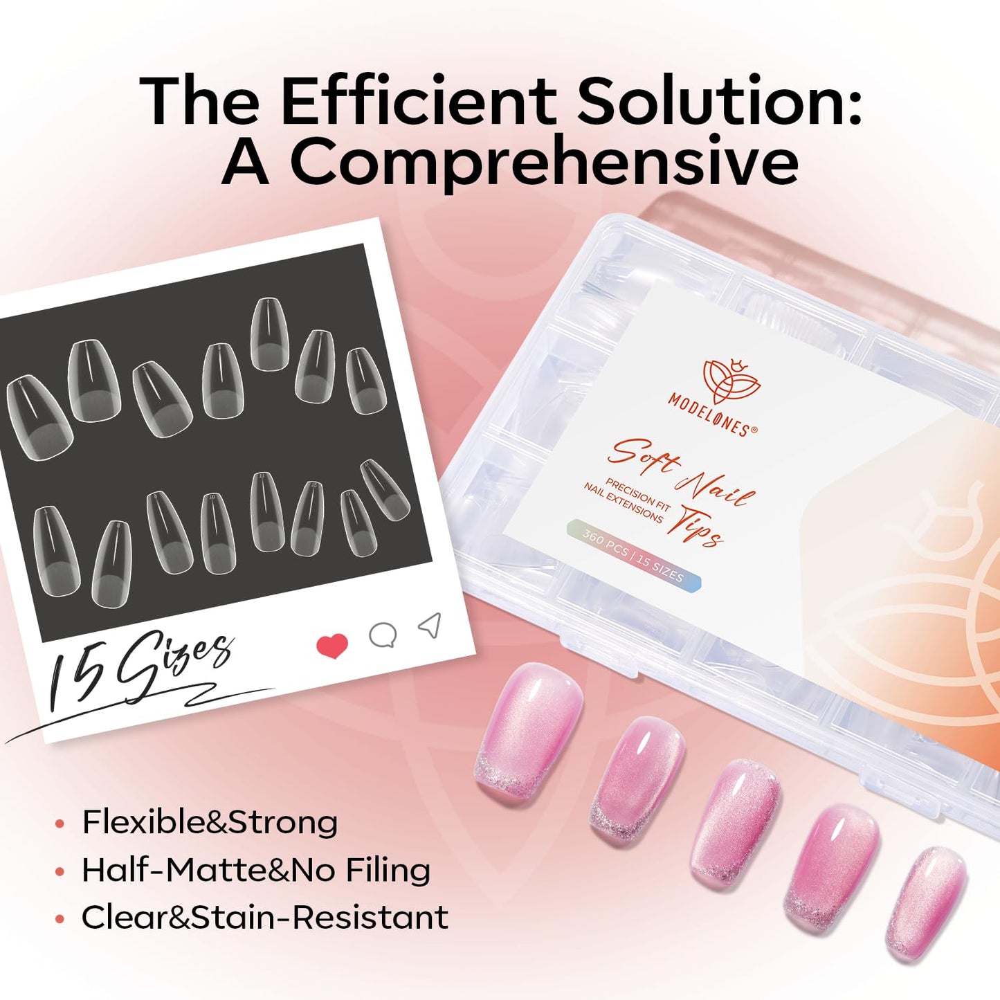modelones Short Coffin Nail Tips, 360pcs Pre-etched 15 Sizes Clear Fake X Nail Gel Press On Full Cover Half Matte Acrylic Gel Tips for Extension Salon