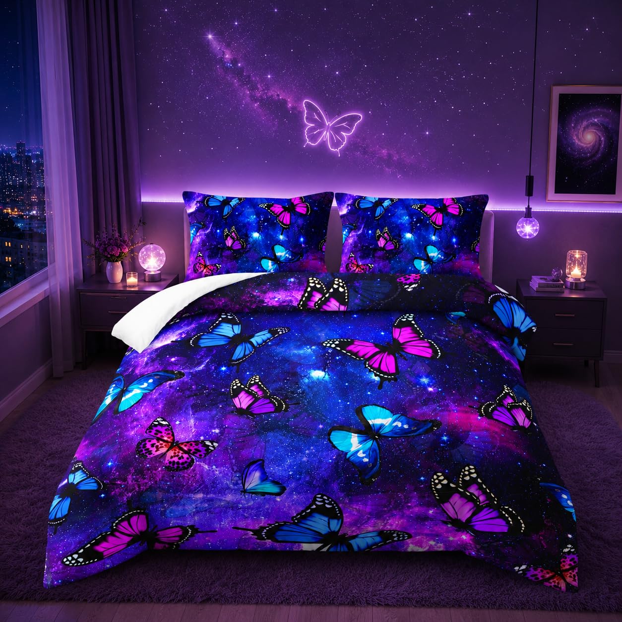 Nttopship Twin Size Galaxy Starry Sky Bedding Set, Violet Butterfly Comforter Set with 1 Comforter and 2 Pillowcases