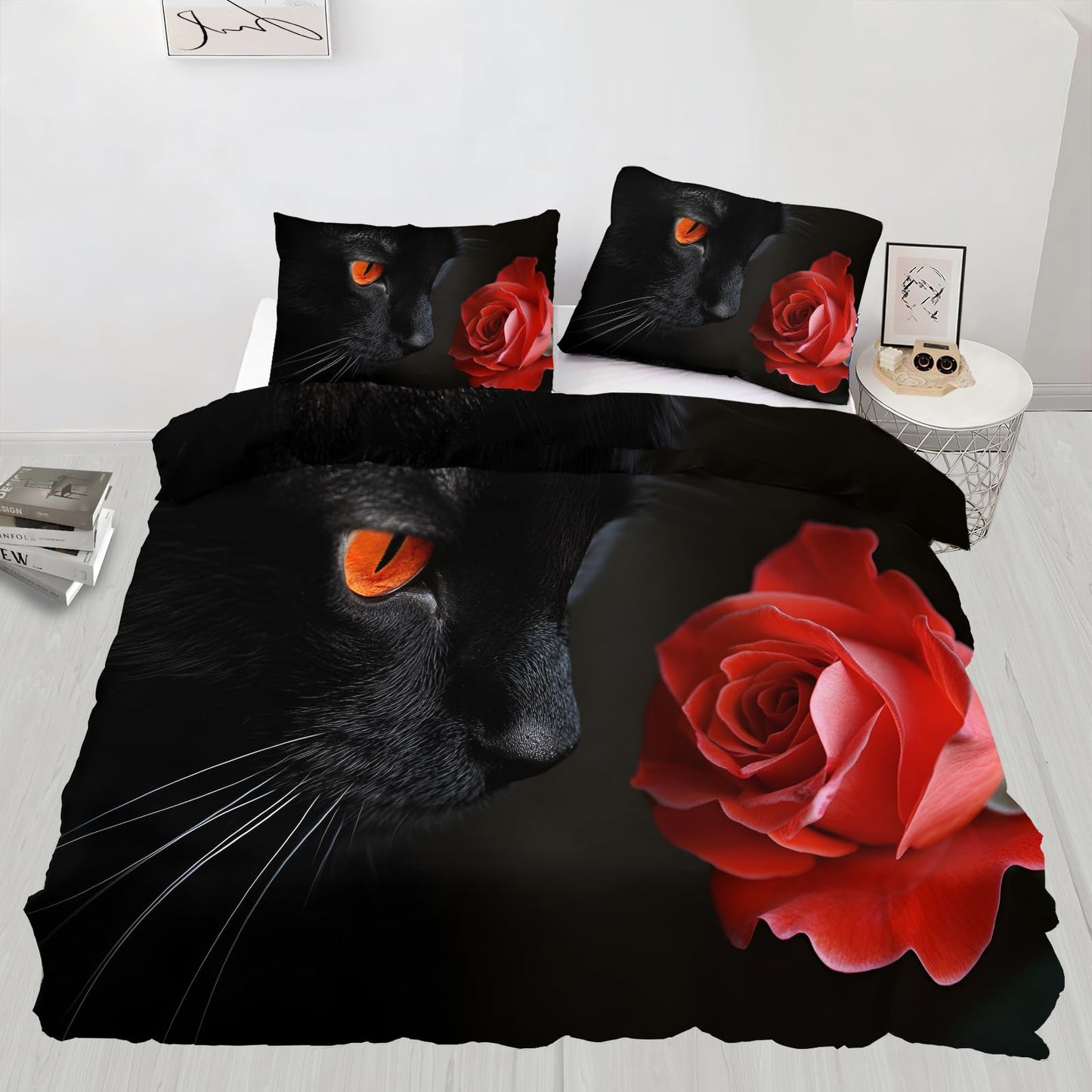 PAISUOQ Cat Print Bedding Sets, Cat with Roses Duvet Cover Queen, Romantic Animals Comforter Cover with Zipper Ties, 3 Pieces with 2 Pillowcases, Home Decor & Gifts