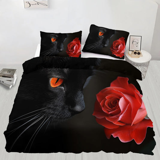 PAISUOQ Cat Print Bedding Sets, Cat with Roses Duvet Cover Queen, Romantic Animals Comforter Cover with Zipper Ties, 3 Pieces with 2 Pillowcases, Home Decor & Gifts