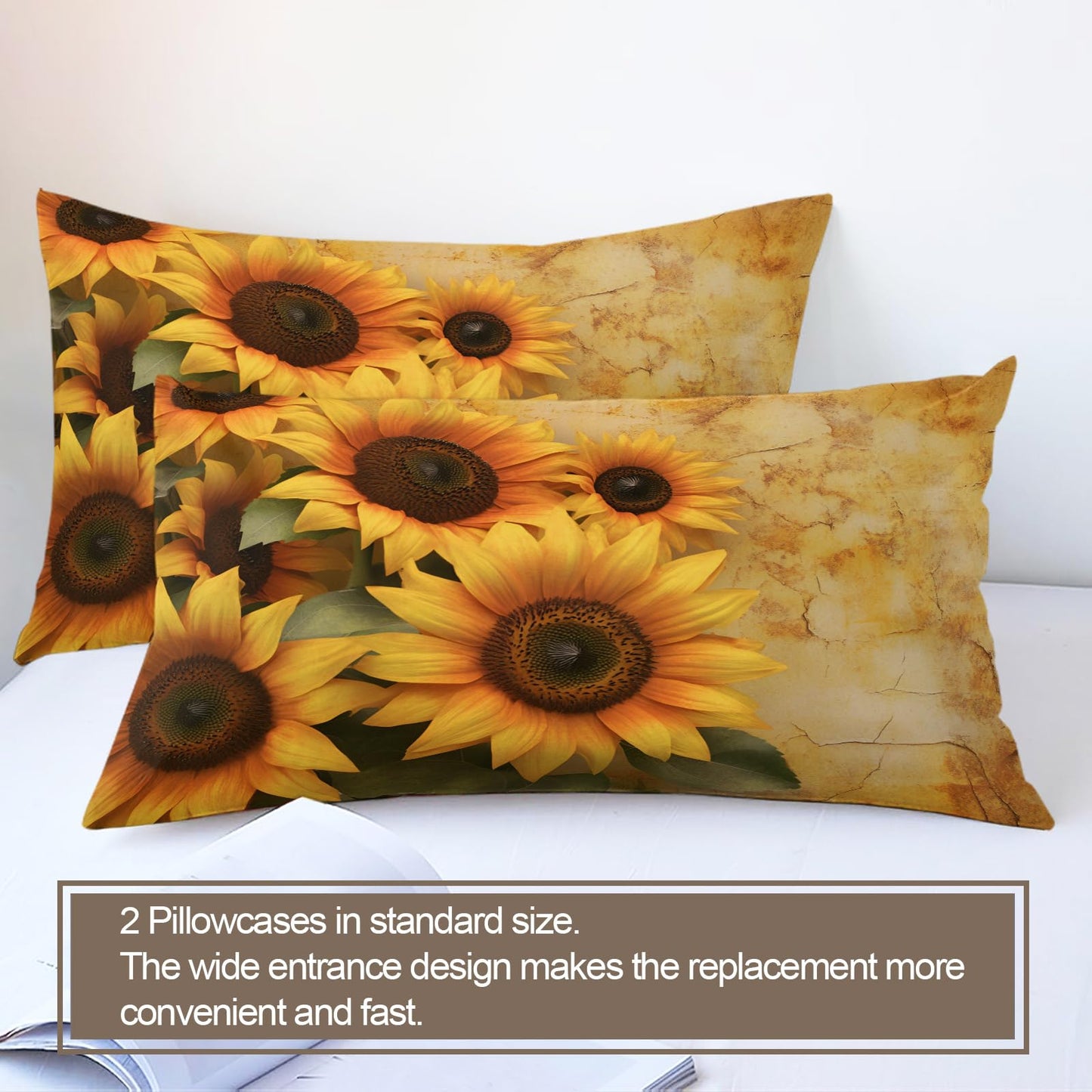 PAISUOQ Sunflower Bedding Duvet Covers, Rustic Flowers Comforter King Size, Farmhouse Florals Bedding Sets with Zipper & Ties, 3 Pieces with 2 Pillowcases, Home Decor & Gifts