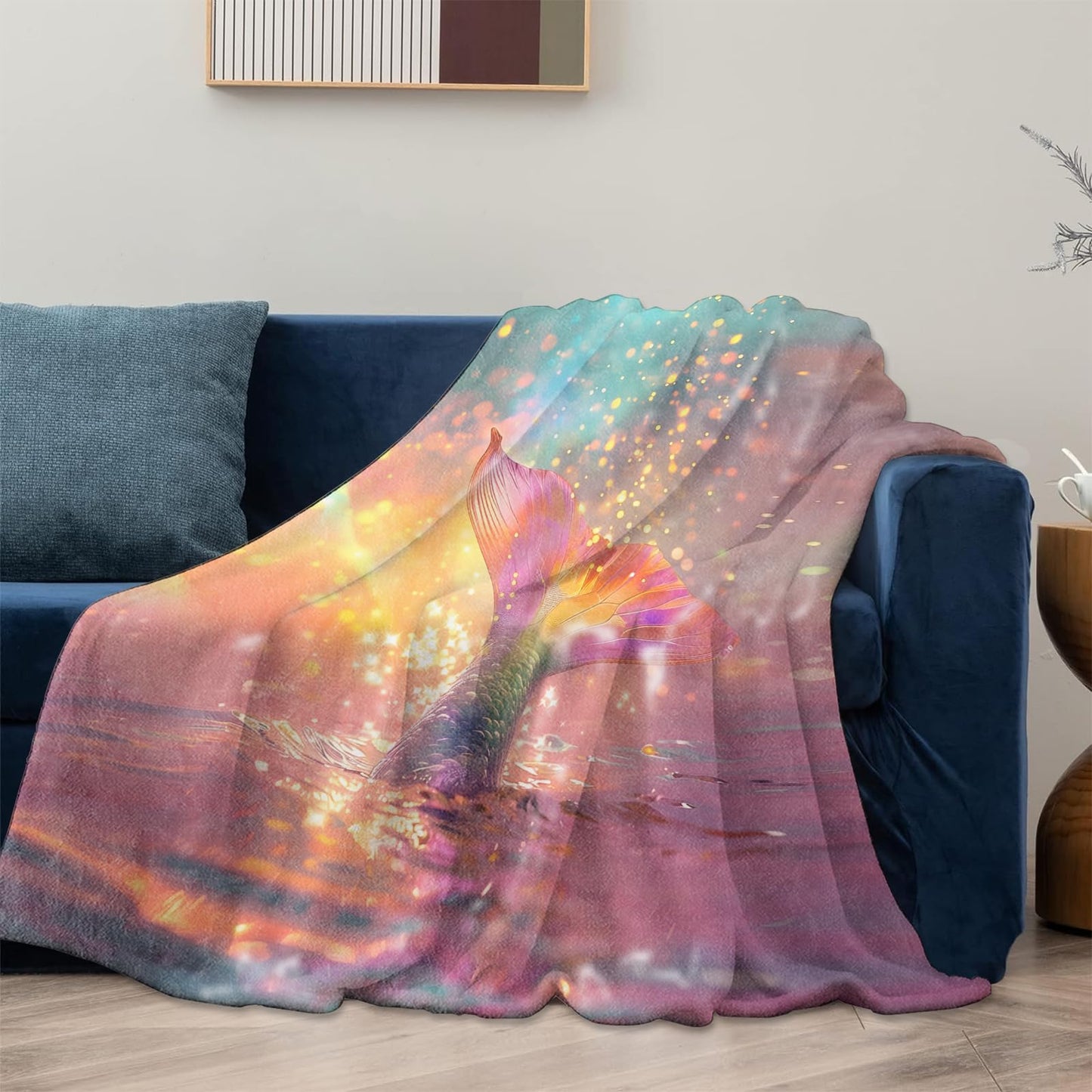 Mounidso Mermaid Tail Blanket, Ocean Mermaid Flannel Blanket Gifts for Women, Soft Warm Lightweight Blankets for Living Room Home Travel Decor 50" x 60"