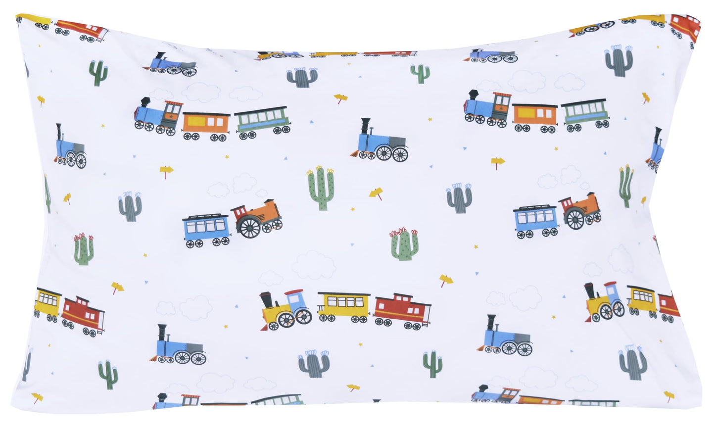 Scientific Sleep Little Train Cactus Cute Fun 100% Cotton Cozy Twin Bed Sheet Set, Flat Sheet & Fitted Sheet & Pillowcase Kids Boys Bedding Set (Trains, Twin)