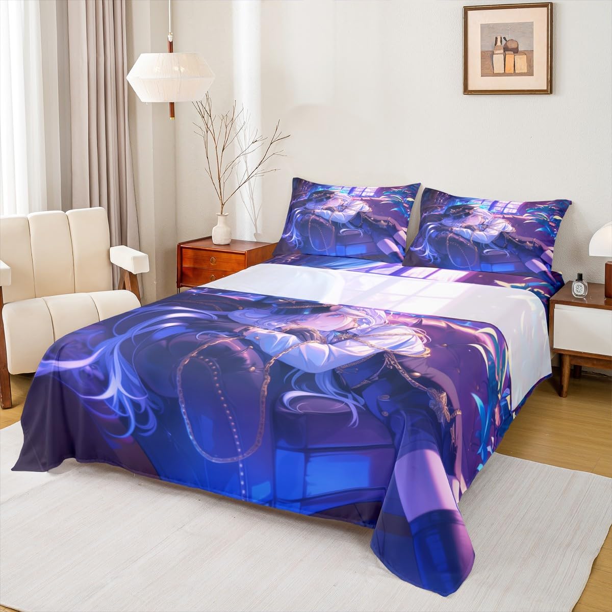Erosebridal Anime Girl Bed Sheets Twin Size Japanese Anime Sheet Set for Kids Boys Teens Women Bedroom Decor, Cartoon Girl Top Sheet Set Japanese Animation Kawaii Bedding Sets, Purple