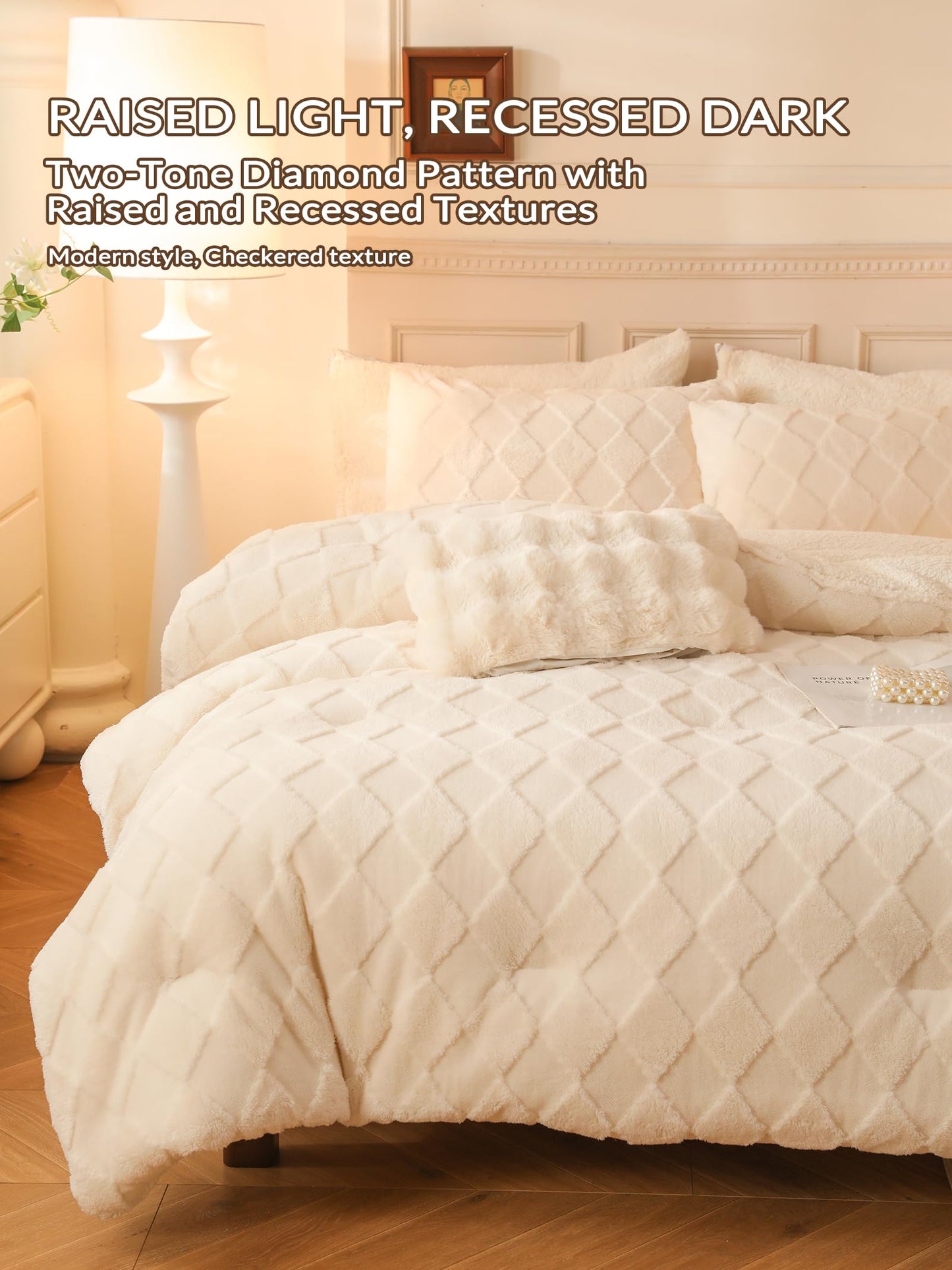 hadamick Tufted Fleece Comforter Set King - Super Soft Warm Fluffy Shaggy Bedding Sets, Diamond Plaid Jacquard Bed Set for Winter, 1 Sherpa Comforter with 2 Pillow Cases (104"X90" Ivory White)