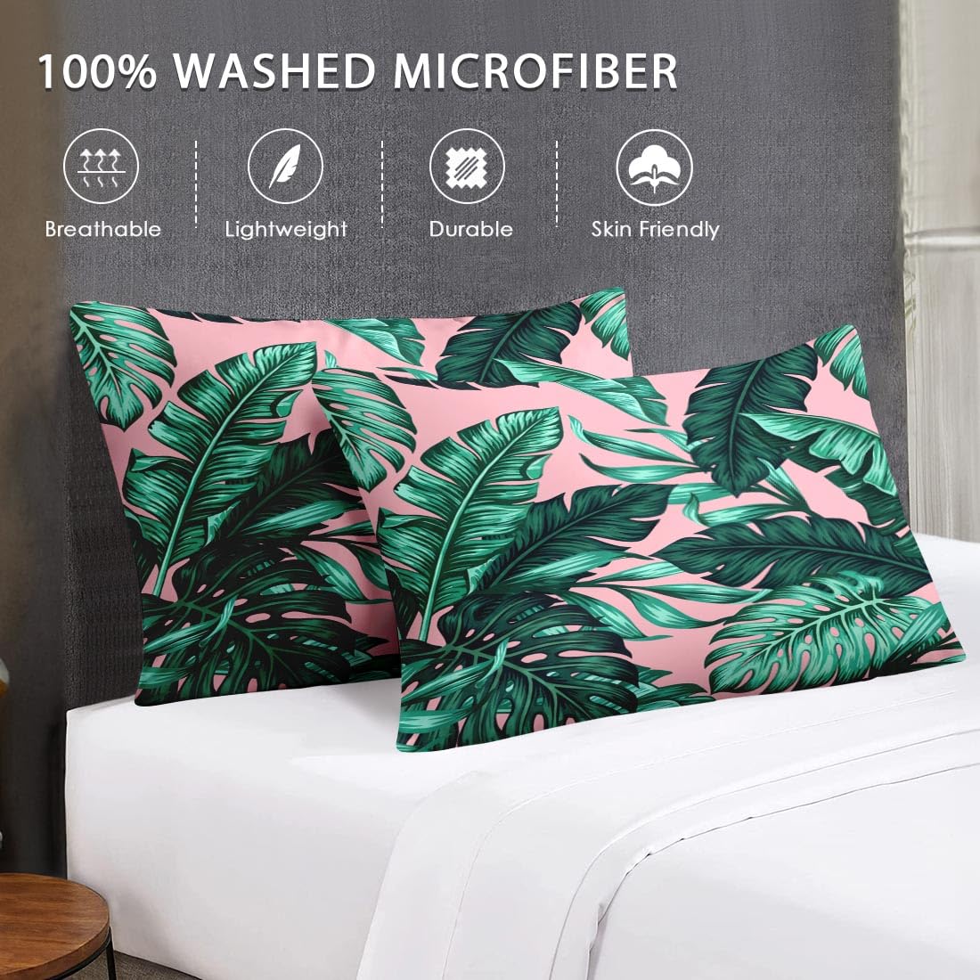 WeCozy Queen Size Comforter Set with 2 Pillowcases, Tropical Green Leaves Pink Leaf Soft 3 Pcs Bedding for Kids and Adults Bedroom Bed Decor
