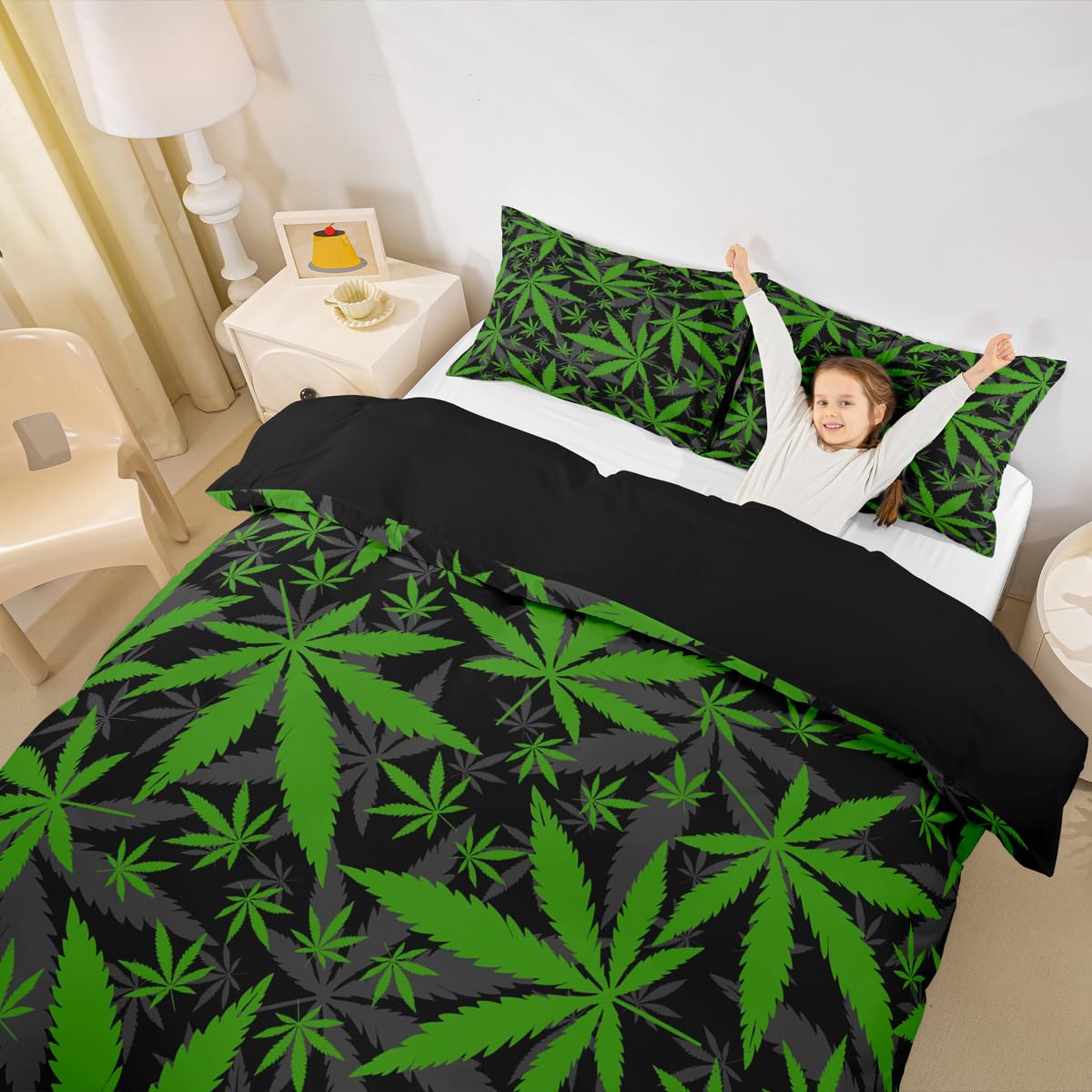 Marijuana Leaf Duvet Cover Teens Cannabis Print Comforter Covers Green Gray Botanical Branches Bedding Set for Boys Girls Youth Adults Queen with 2 Pillow Shams Marijuana Weed Leaves Bedspread Cover