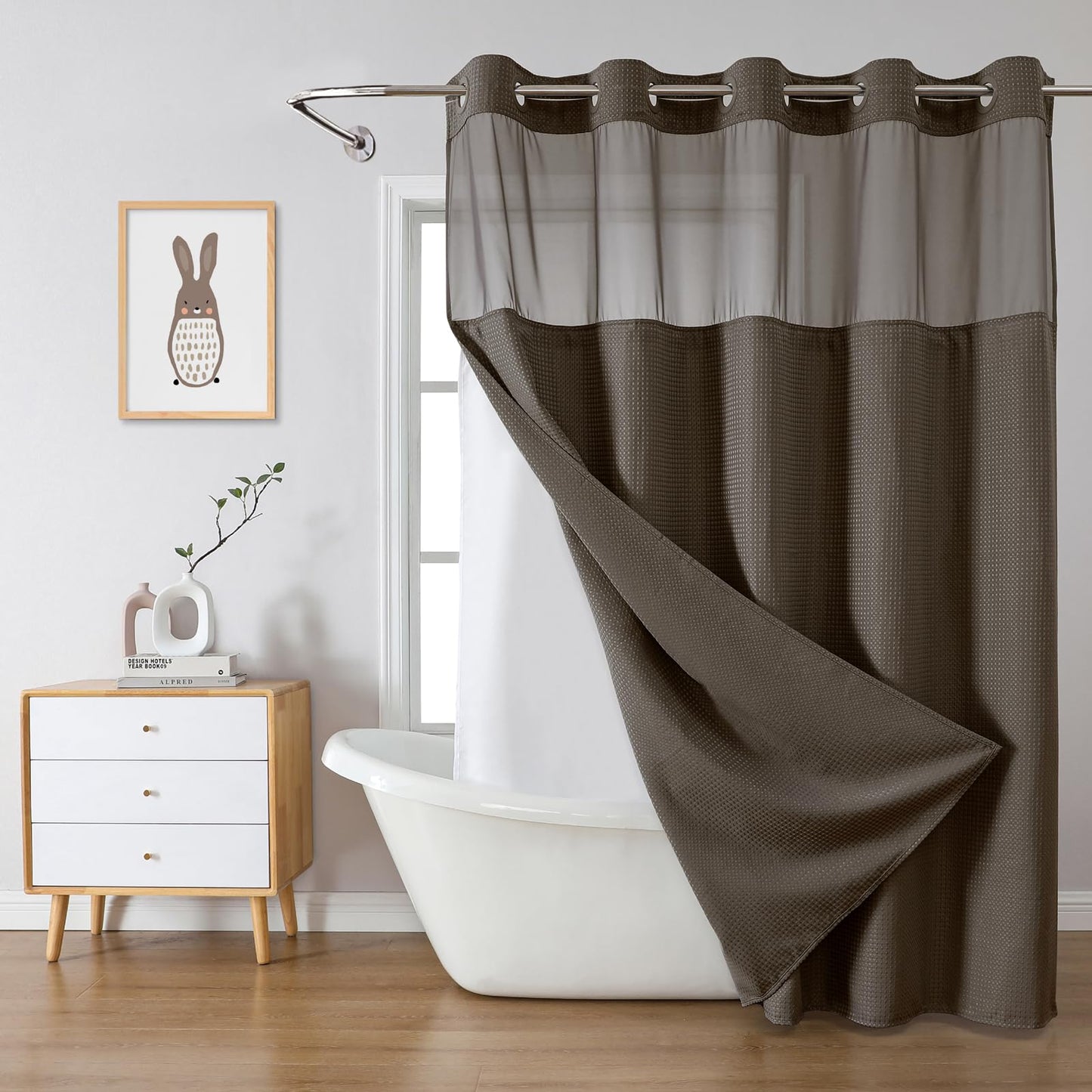 eachope Brown Extra Long No Hook Waffle Weave Shower Curtain with snap-in Liner Replacement, 230GSM Waterproof Fabric Hotel Shower Curtain Set for Bathroom, Through Mesh Top Window,71Wx86H