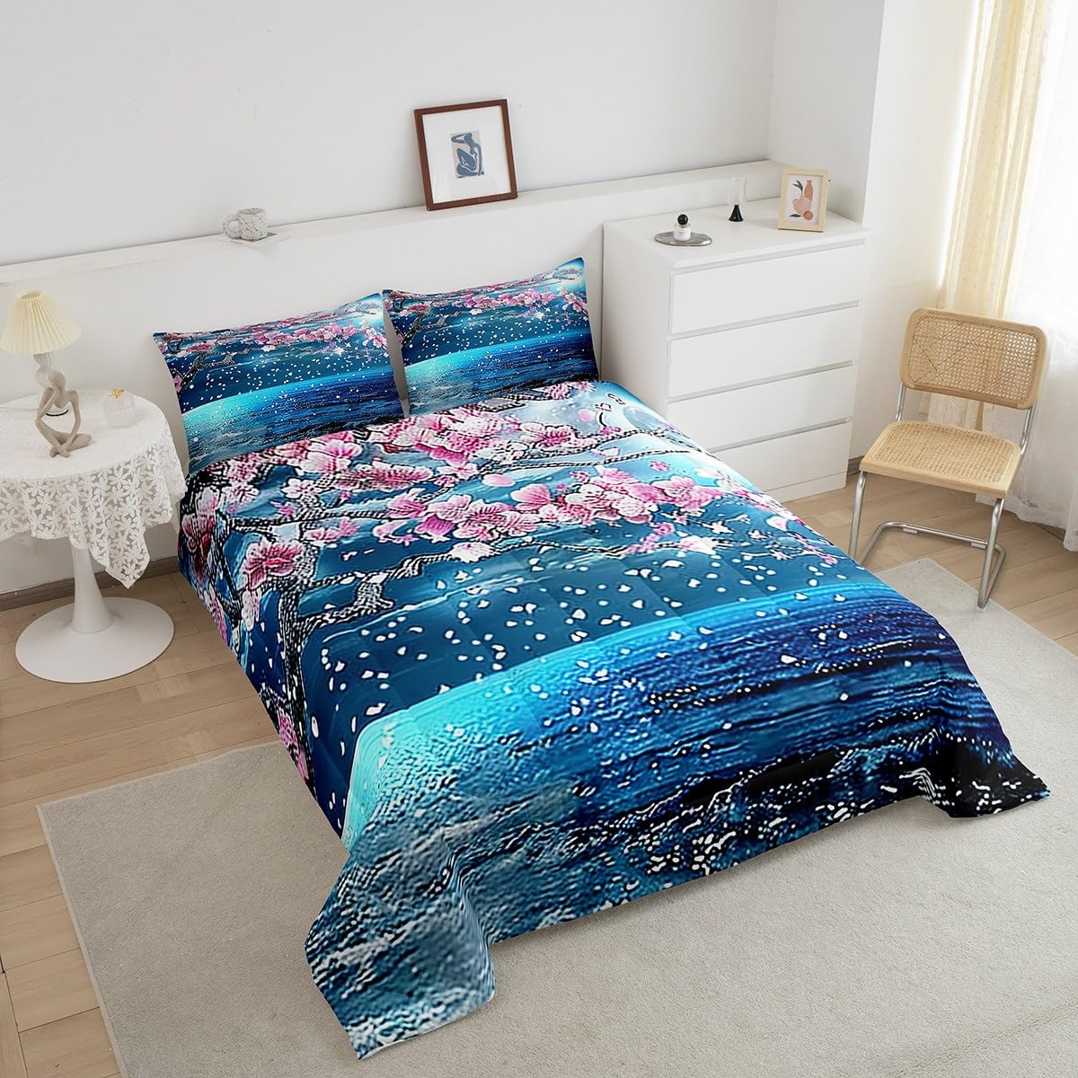 Manfei Lake Landscape Twin Size Comforter Set,Pink Blossom Flower Quilt Set Soft Bed Collection,Moon Night Bedding Comforter for Boys Girls Room Decor,2 Pcs