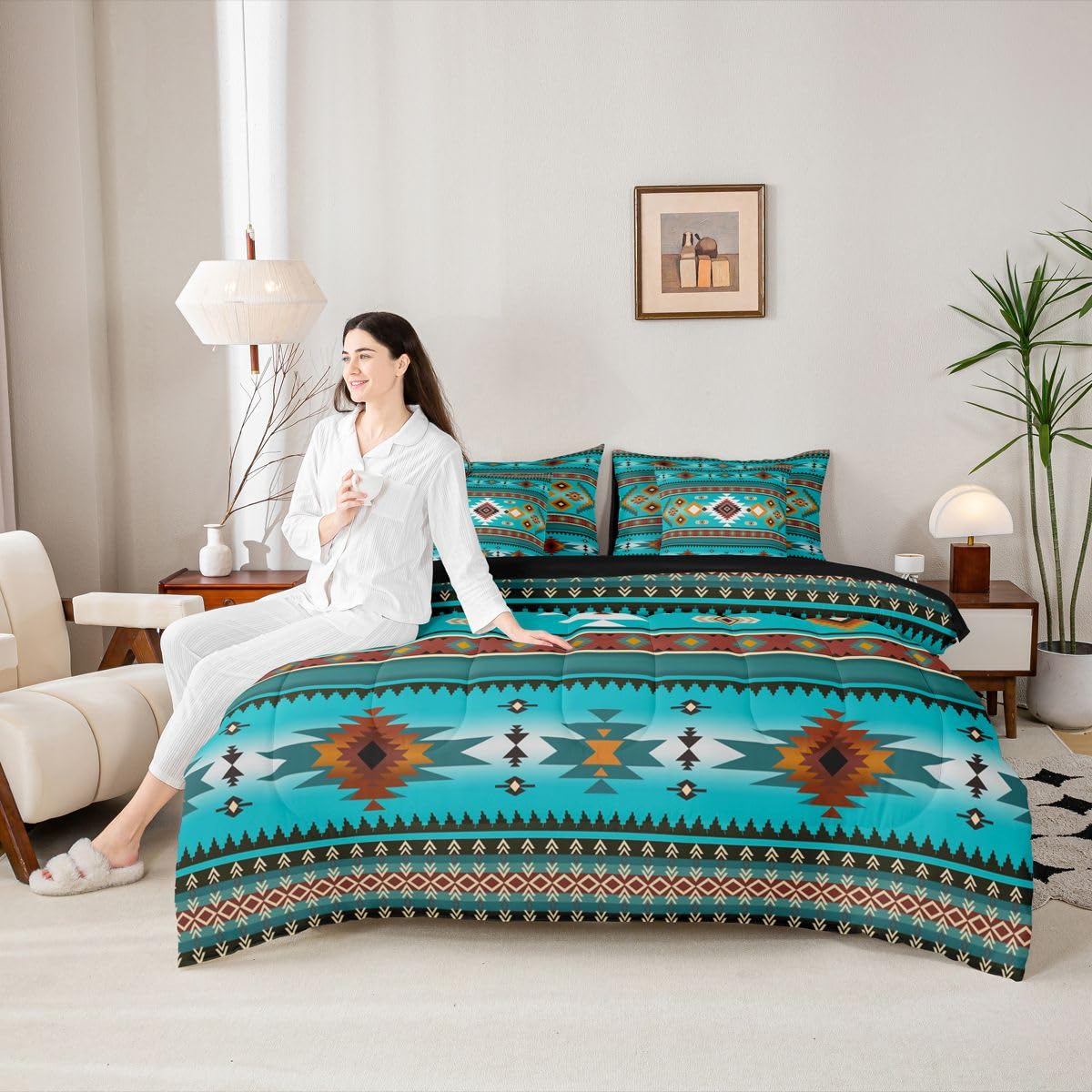 Erosebridal Black Teal Blue Cowboy Aztec Full Comforter Set 7 Pieces | Southwestern Bohemian Bed in A Bag for Bedroom Geometric Farmhouse Cowgirl Bedding Set with Comforters Tribal Adults Room Decor