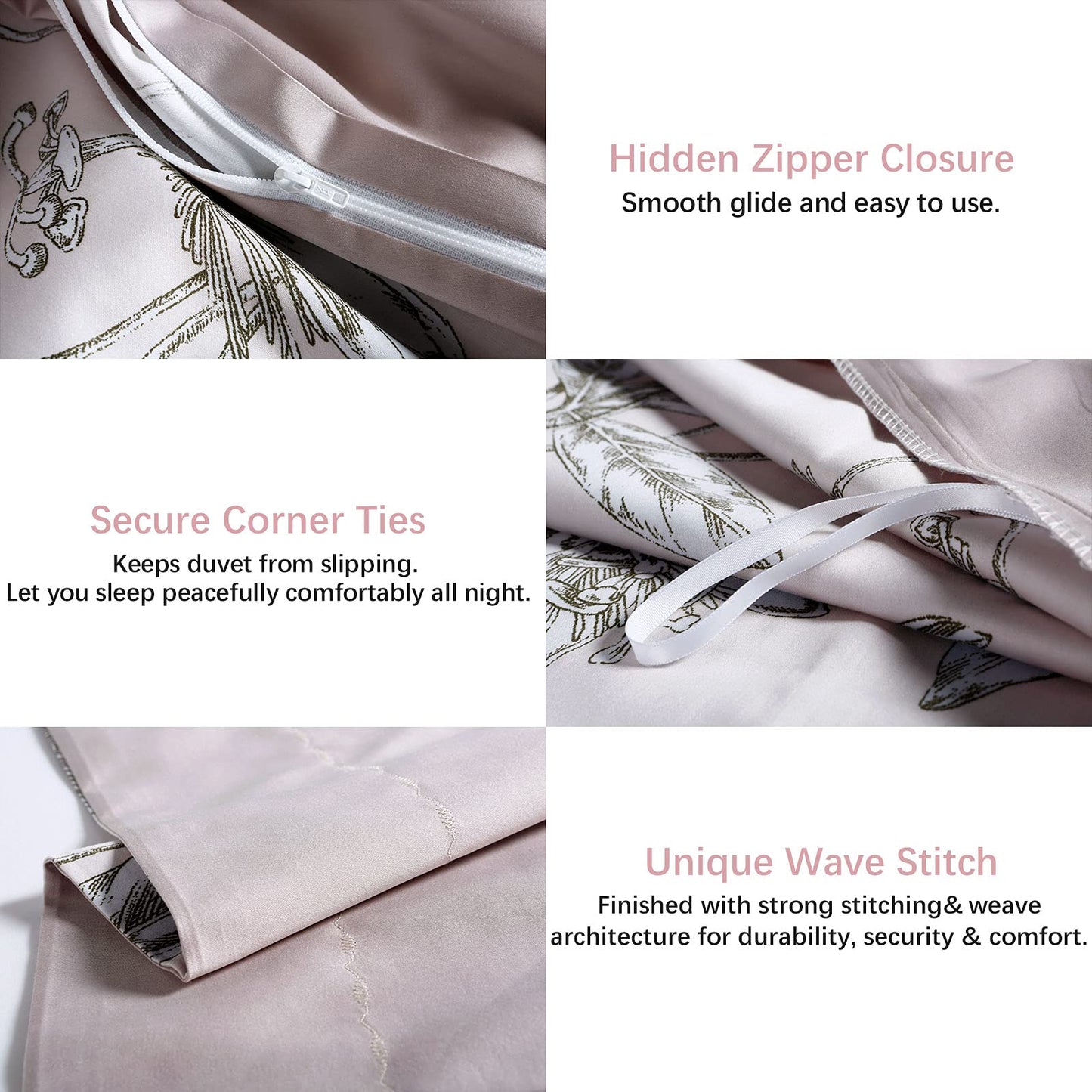 MILDLY 100% Long-Staple Cotton Duvet Cover Set Light Pink Elegant Floral Pattern Printed Comforter Cover 3pcs, Ultra Soft & Breathable Bedding Set