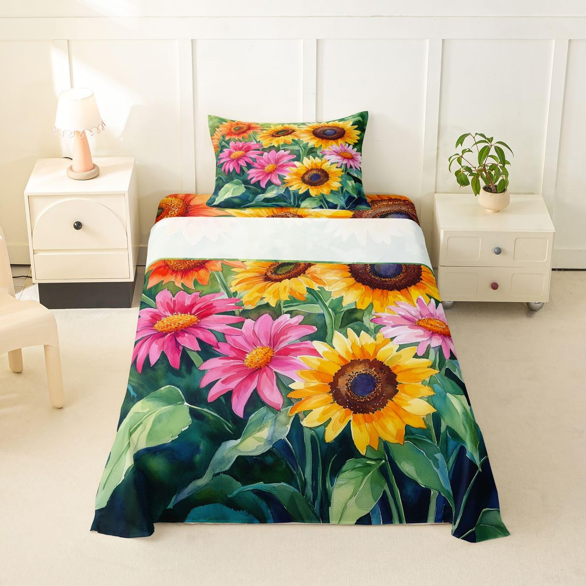 Erosebridal Spring Sunflower Bed Sheets Set Twin Watercolor Floral Sheet Set Green Watercolor Leaves Sheets Retro Boho Sunflower Flat Fitted Sheet