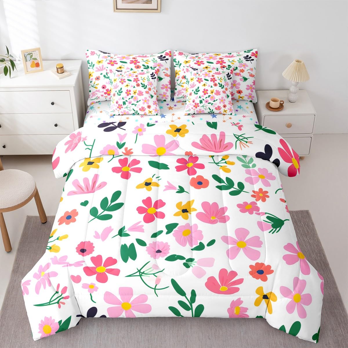 Feelyou Floral Comforter Set with Sheets 7 Piece Full Size Blossom Flowers Pattern Bedding Set for Kids Boys Girls Cute Flower Bed in a Bag Natural Theme Room Decor Pink Green Yellow Soft Microfiber