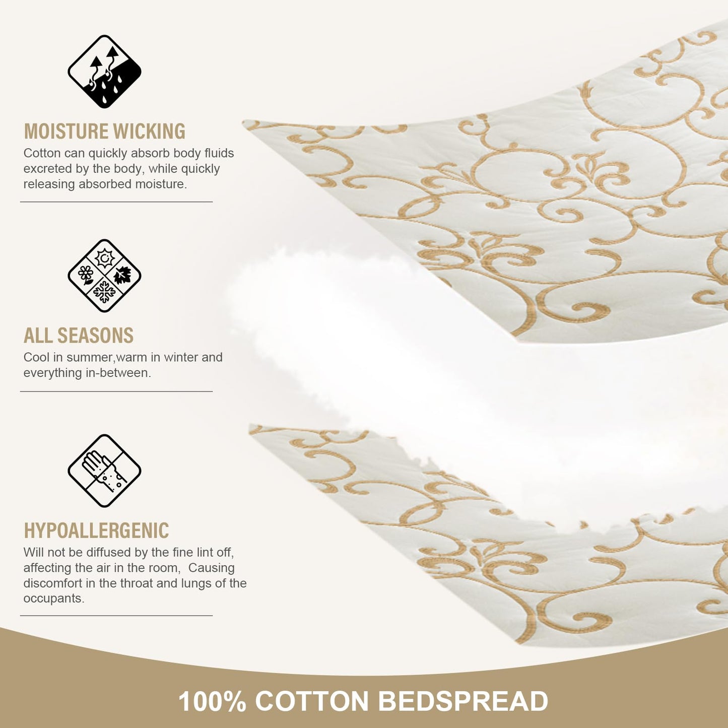FineStichery 100% Cotton Oversized Bedspread Quilt Coverlet Set, 120"x120" Extra Large King Bedspreads with Pillow Shams, Lightweight Embroidered Bedding Cover 3 Piece, Beige/White