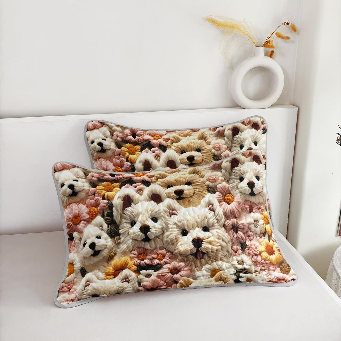 QOOMO Cartoon Dog Kids Quilt Set,3 Pieces Cute Flowers Bedspreads Coverlet Set Twin Size,Soft Microfiber Lightweight Bedding Set with 1 Quilt 2 Pillowcases for All Season