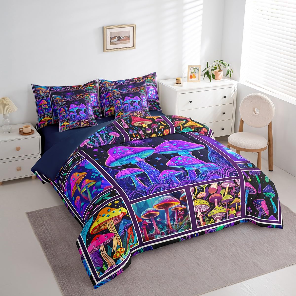 Erosebridal Mushroom Comforter Set King Size,Neon Fungus Bedding Set for Kids Teens,Psychedelic Plant (Comforter+Fitted+Flat Sheet+2 Pillowcases+2 Throw Pillow Covers) 7 Pieces Bed Set
