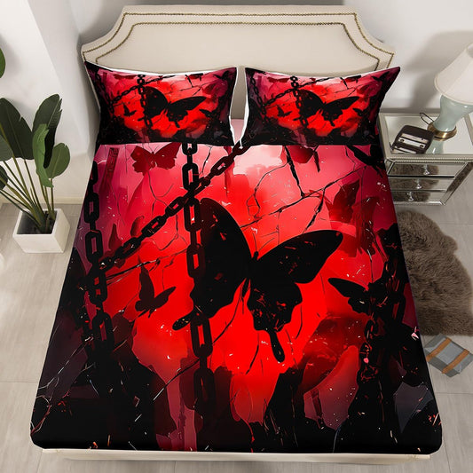 Feelyou Boys Girls Valentine's Day Bedding Set Full Size, Butterfly Bed Sheet Set Glitter Fitted Sheet Kids Romantic Teens Bed Cover Bedroom Decor Bed Set 3Pcs (No Flat Sheet)