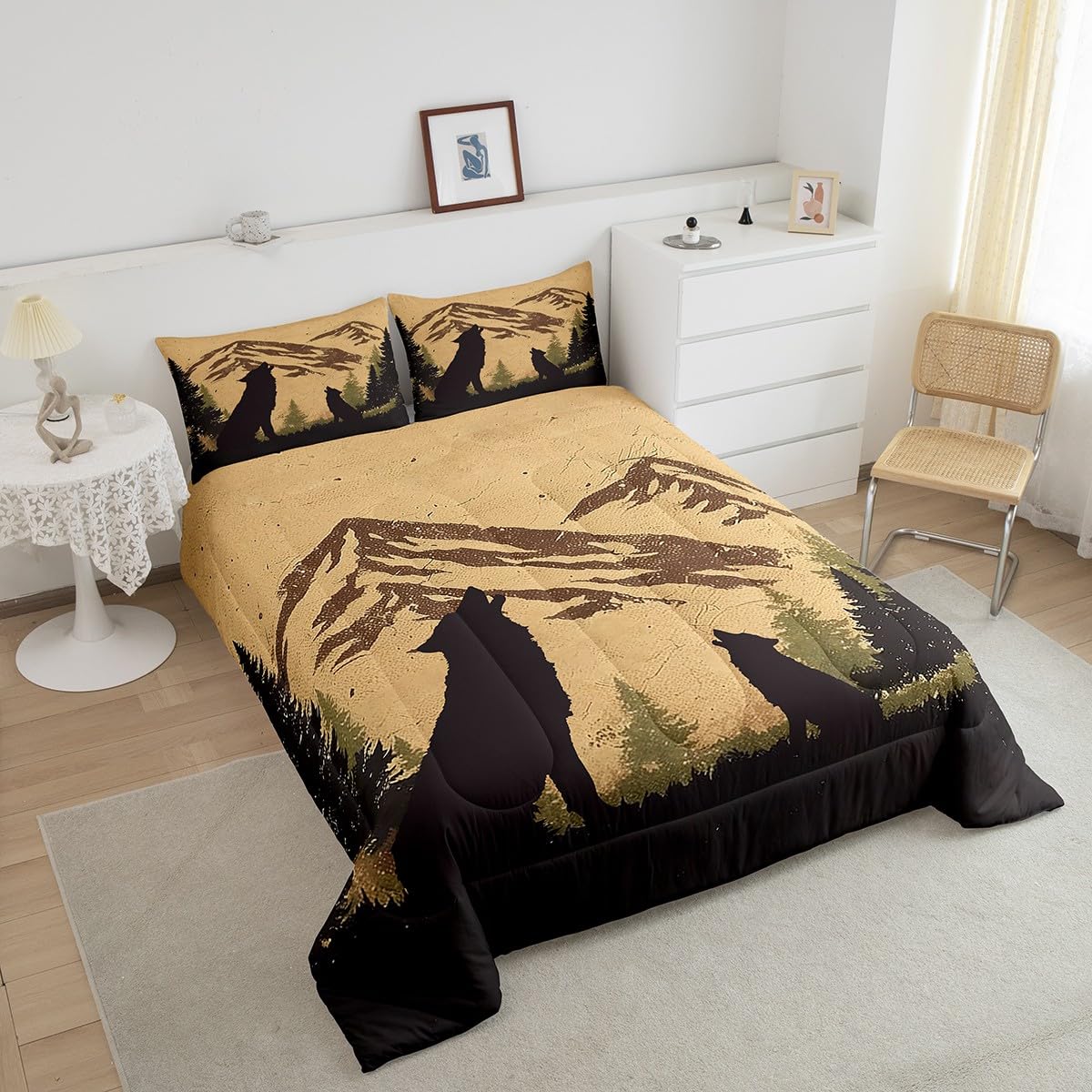 Howling Wolf Bedding Set Full Size,Hunting Wildlife Theme Comforter Set for Kids Boys Men Teens Room Decor,Retro Rustic Farmhouse Duvet Insert 3Pcs,Nature Animal Silhouette Quilt Set,2 Pillowcases