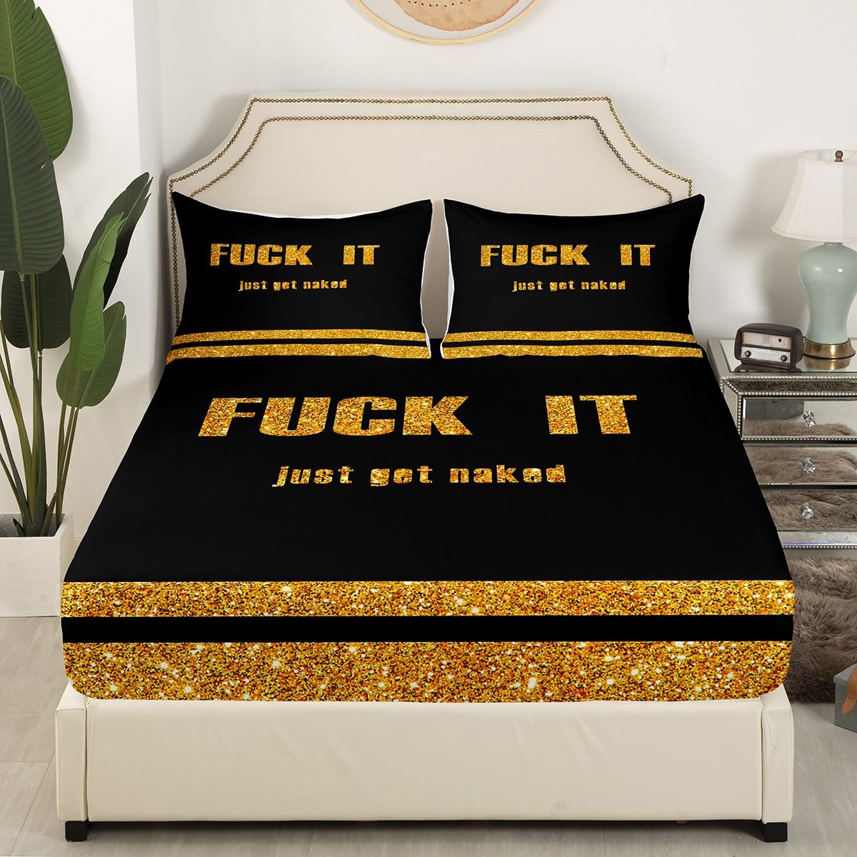 Funny Quotes Fitted Sheet & Pillow Sham Set Get Naked Bed Sheet Set for Men Women Couple Lover Golden Glitter Sequins Bedding Set Black and Gold Bed Cover No Flat Sheet Bedroom Decor 3Pcs Full Size
