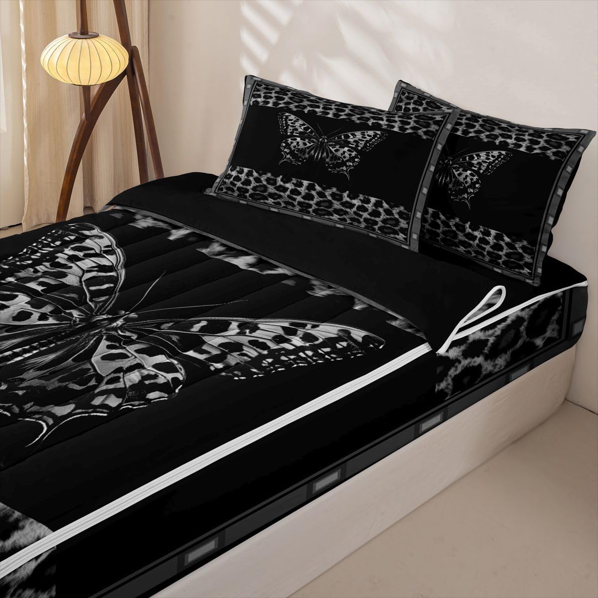 Feelyou Leopard Print Butterfly Zipper Bedding for Kids Modern Animal Fur Print Queen Comforter Set with Fitted Sheet 2 Pillowcases Cheetah Decor Bed in a Bag Soft Lightweight Microfiber