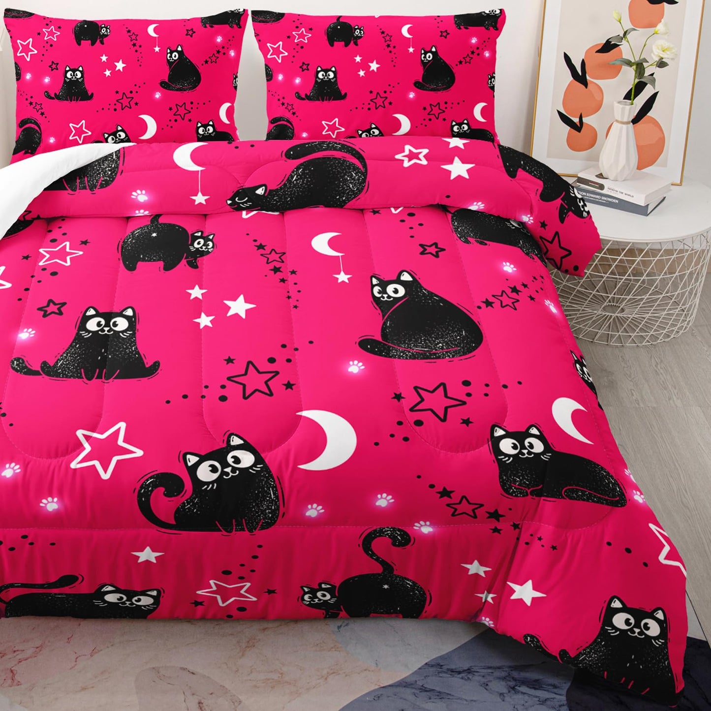 AILONEN Kids Kawaii Black Cat Comforter Set Twin,Cartoon Stars & Moon Bedding Set for Girls,Cute Kitten Printed Pink Duvet with 2 Pillowcases,3-Piece
