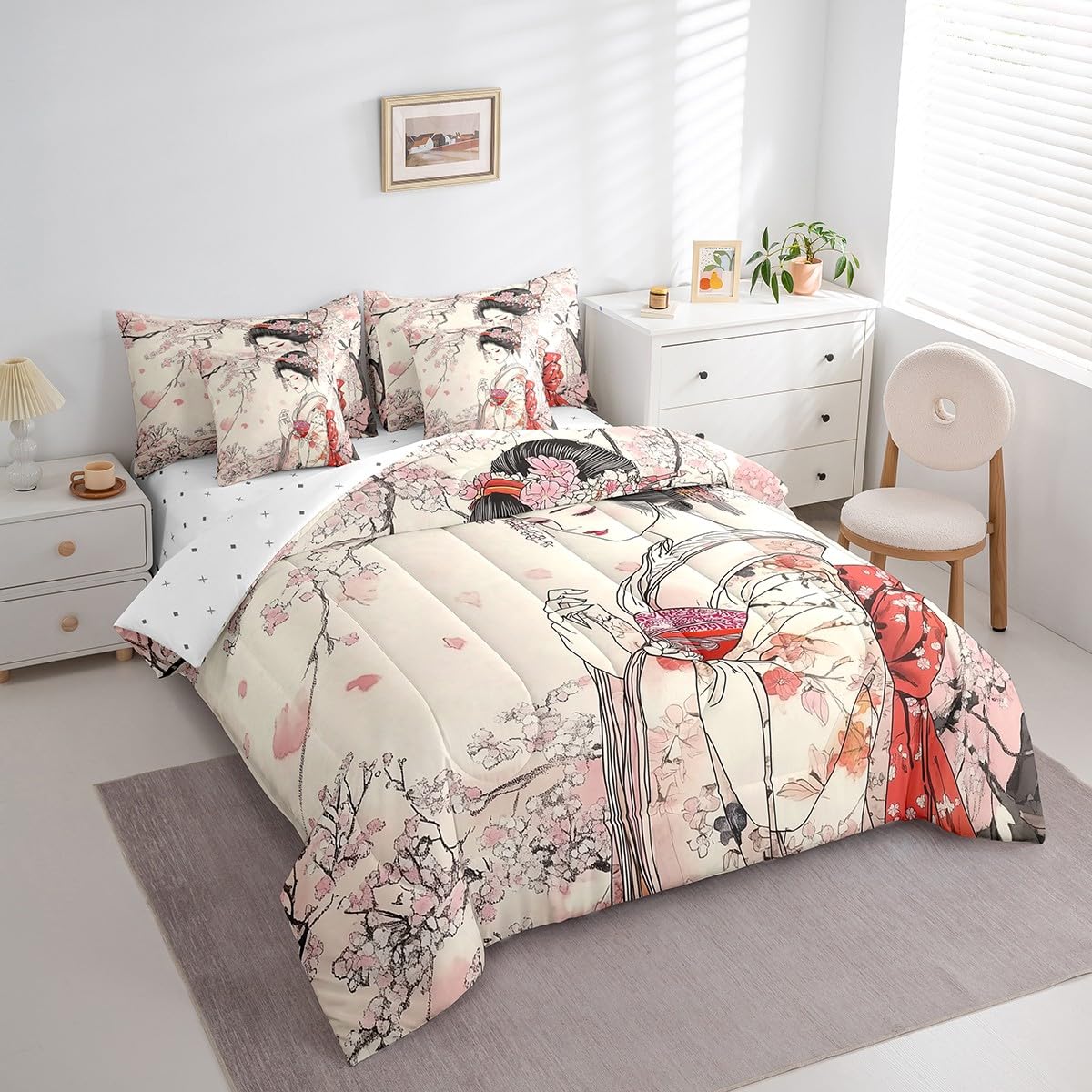 Feelyou Kids Japanese Geisha Comforter Set Twin Size 7 Pieces Cherry Blossoms Bedding Set Japanese Style Japanese Tradition Aesthetic Bed in a Bag with Comforter, Sheets, Pillowcases & Cushion Cover