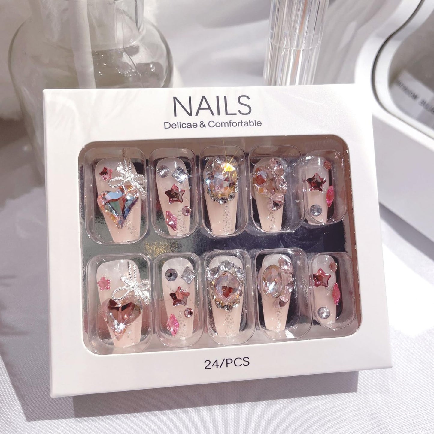 SINHOT Luxury Press on Nails - Long Coffin Fake Nails 3D Handmade Reusable False Nails with Rhinestone Designs,DIY Artificial Nail Art, 24pcs