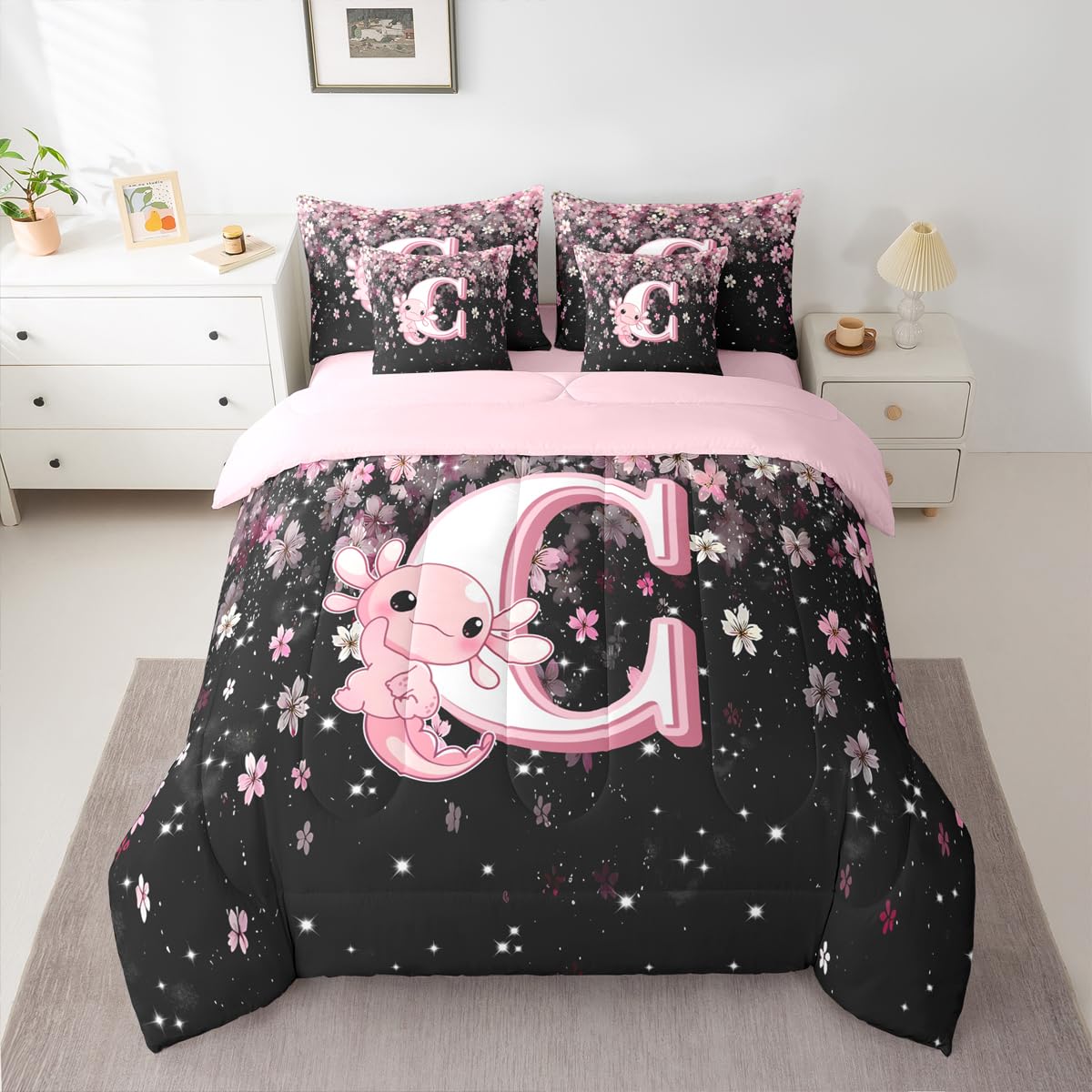 Erosebridal Twin Size Pink Black Alphabet C Bed in A Bag with Cute Axolotl Design - Japanese Cherry Blossom 7 Pieces Bedding Set Cute Axolotl Comforter Set with Sheets Initial Letter Gift for Her