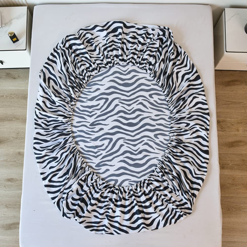 Black White Leopard Print Fitted Sheet Twin Girls Women Luxury Cheetah Print Bed Sheet Set Kids Bedroom Wild Animal Decor Bed Cover with Deep Pocket Fitted Sheet Stripe Lines Bed Set (No Flat Sheet)
