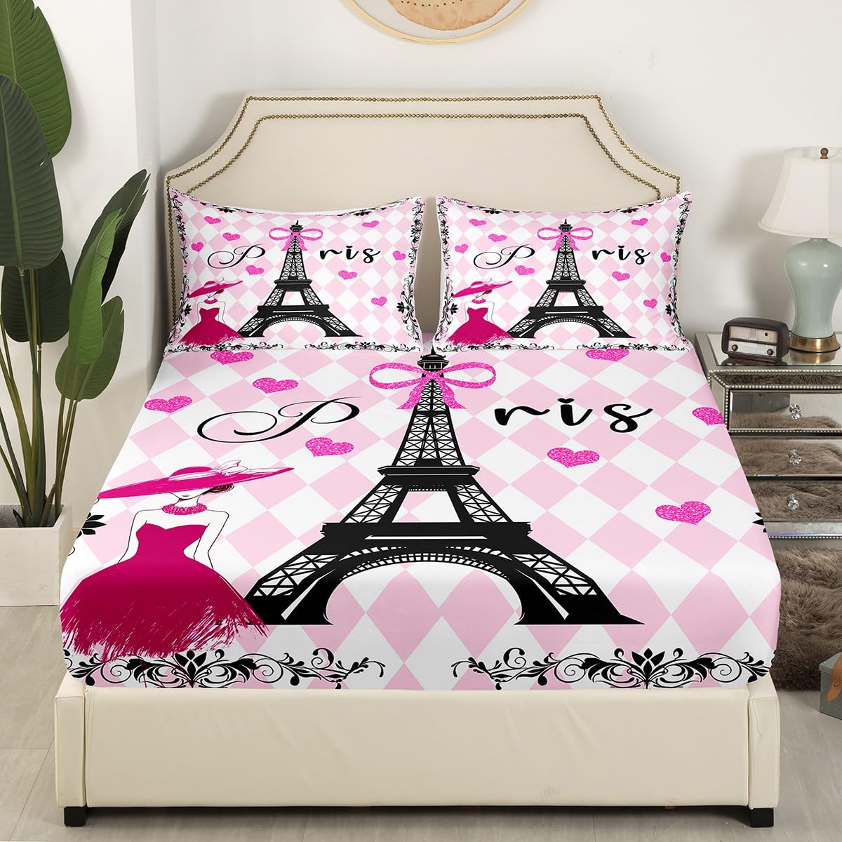 Romantic Paris Fitted Sheet Full 3 Pcs,Eiffel Tower Building Bedding Set,Glitter Bowknot Hearts Bed Sheet (No Top Sheet),Pink White Geometric Checker Deep Pocket Sheet,2 Pillowcases