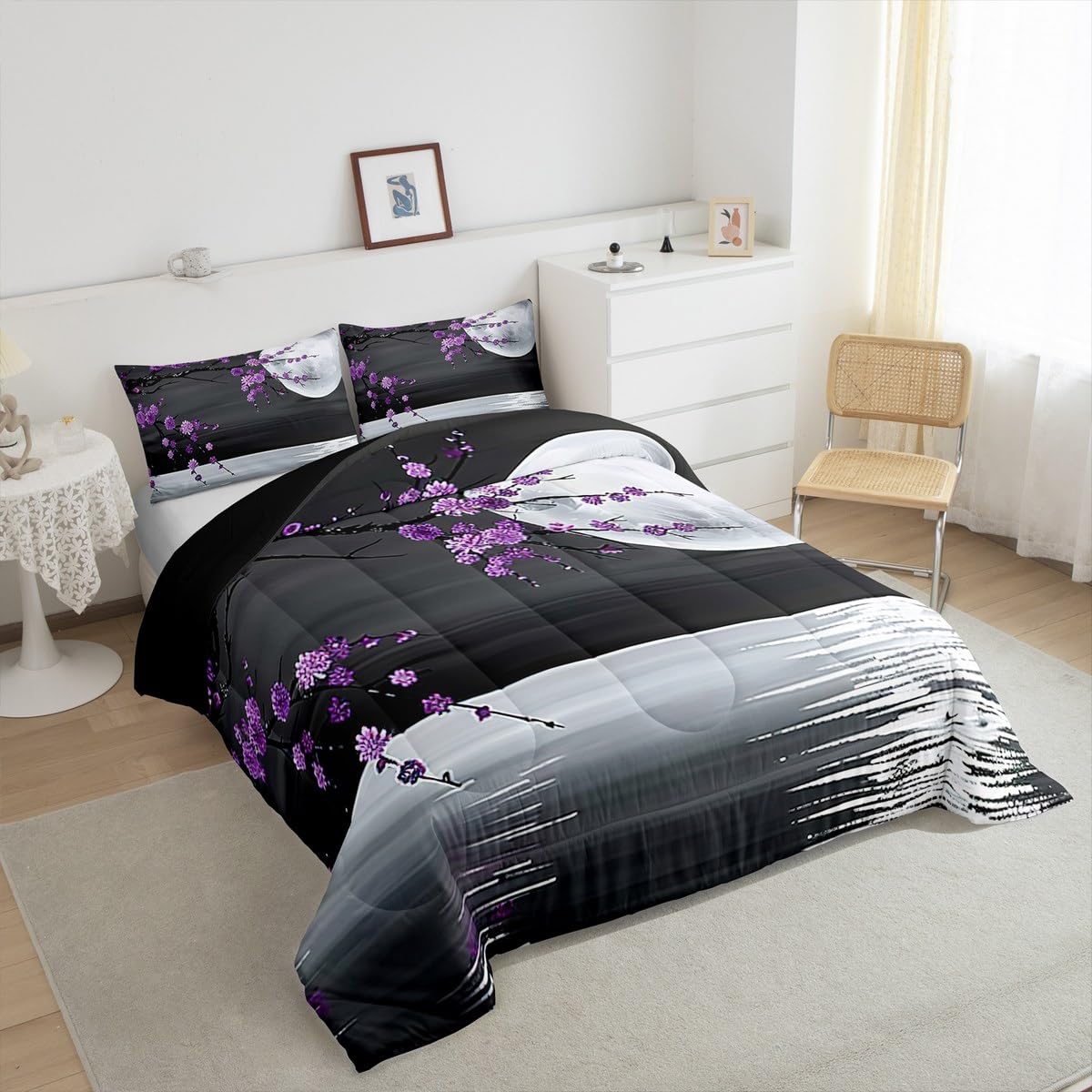 Manfei Moon Lake Twin Size Comforter Set,Purple Blossom Flower Duvet Set Soft Bed Collection,Romantic Japanese Style Bedding Comforter for Boys Girls Bedroom,2 Pcs