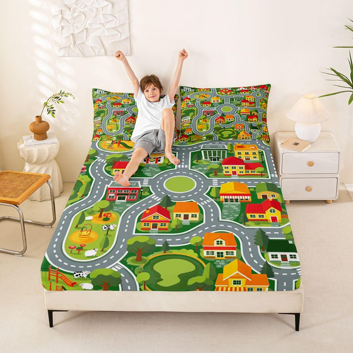 Manfei Village Town Map Fitted Sheet Set Cartoon Farm Street House Bedding Set for Kids Bedroom Educational Cute Car Road Bed Sheet Set 3pcs Deep Pocket Mattress Cover,No Top Flat Queen Gray Green