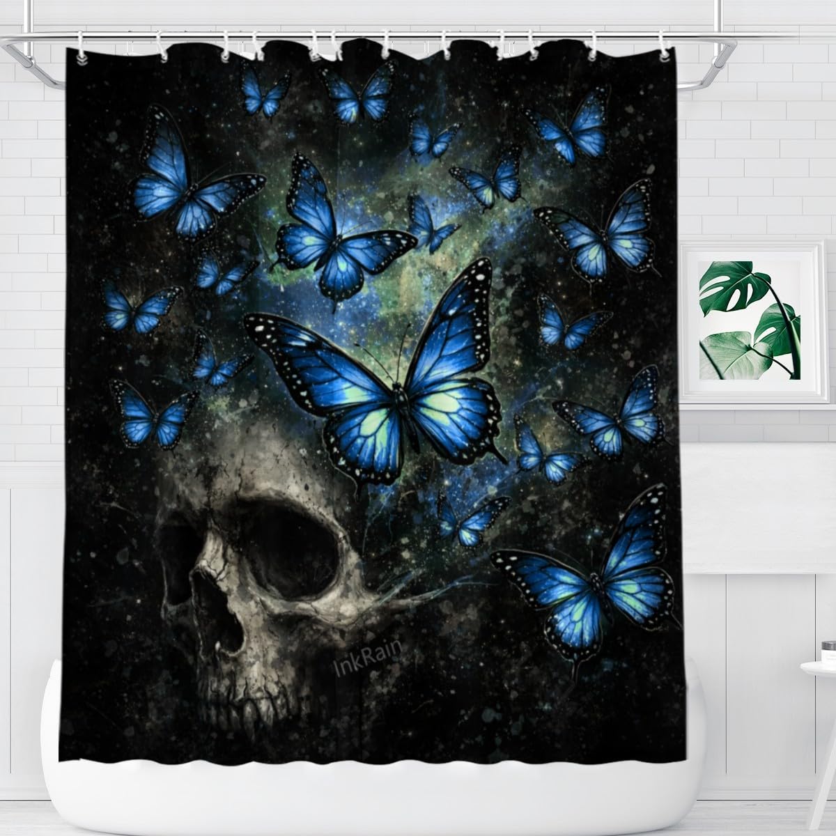 InkRain Gothic Blue Butterfly Skull Shower Curtain 70x84 Inch Black Fantasy Art Bathroom Decor Waterproof Fabric Includes 12 Hooks